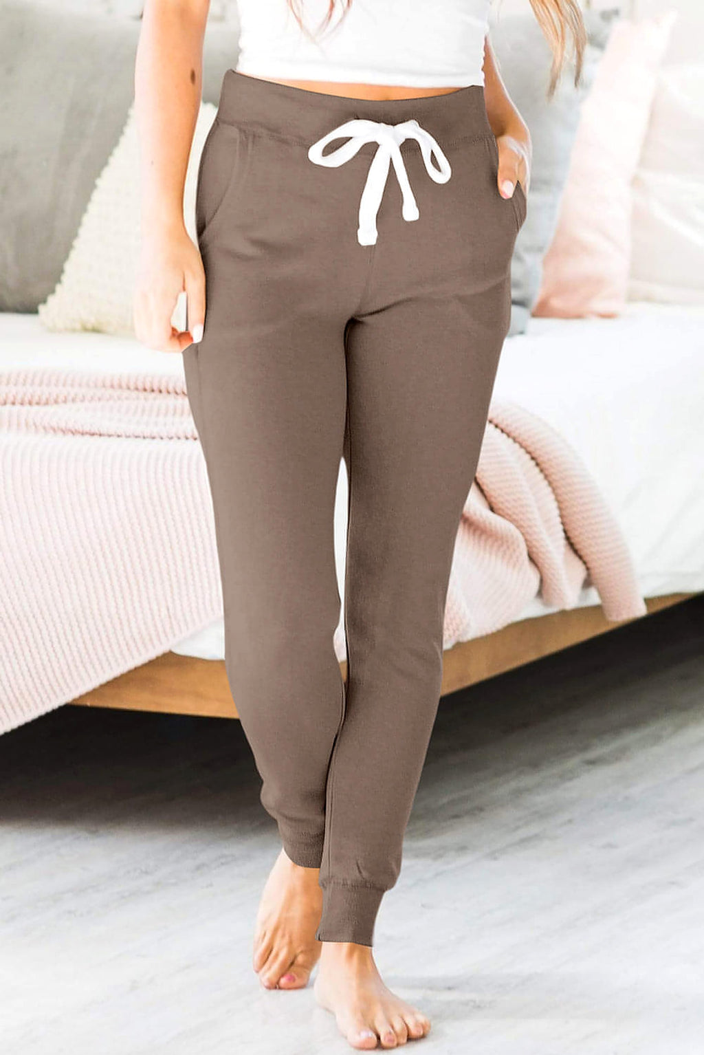 Dark Brown Drawstring Waist Pocketed Joggers - enhanced image 1