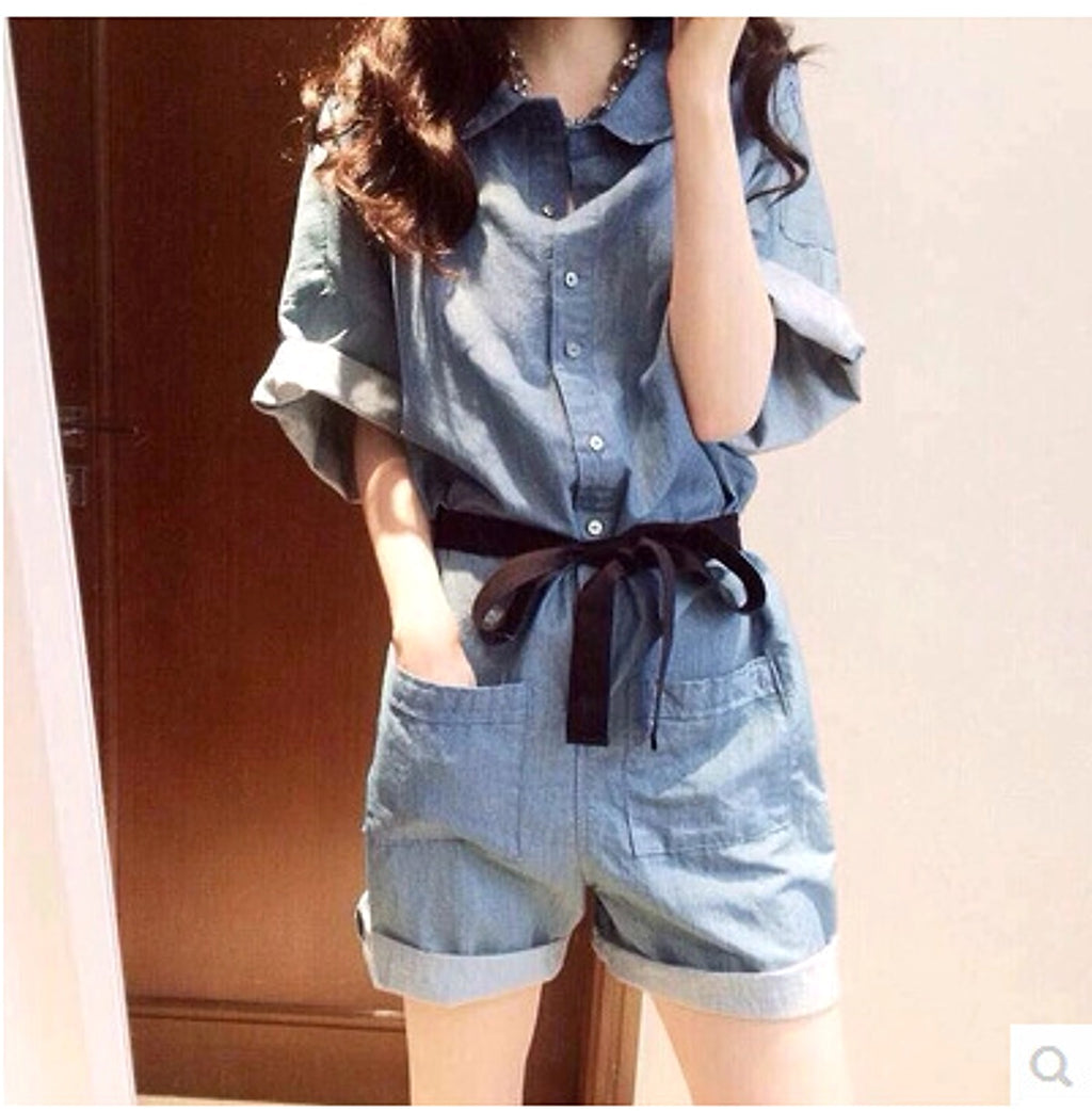 Denim Short Sleeve Jumpsuit - enhanced image 1