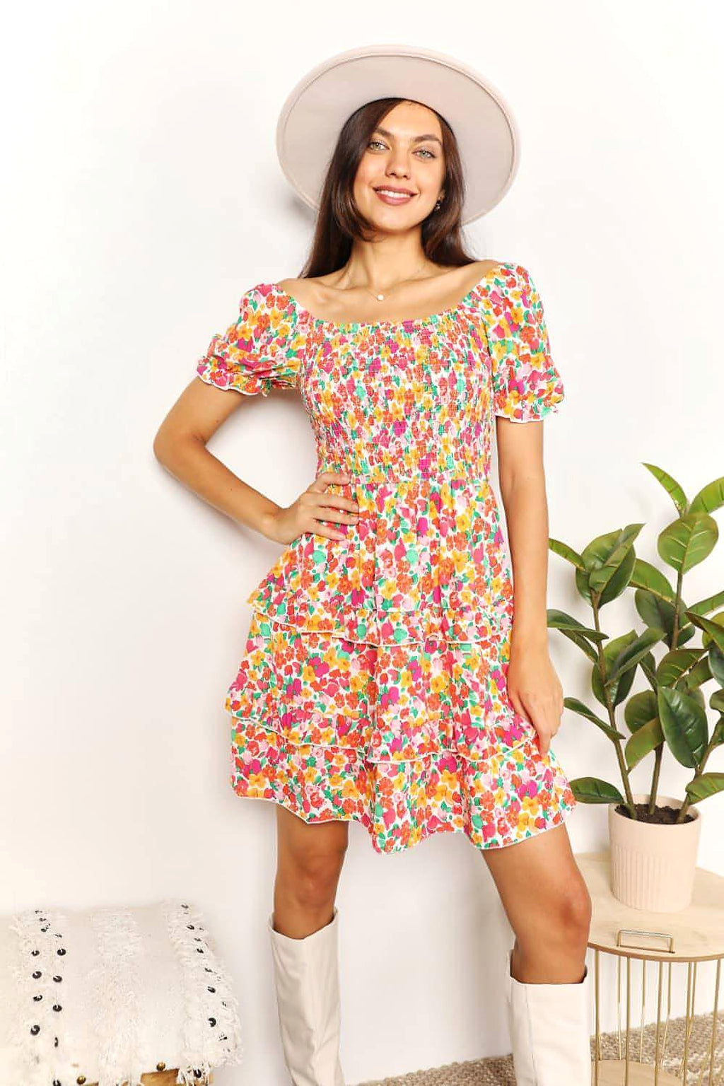 Devine Smocked Sweetheart Neck Flounce Sleeve Mini Dress - enhanced image 1