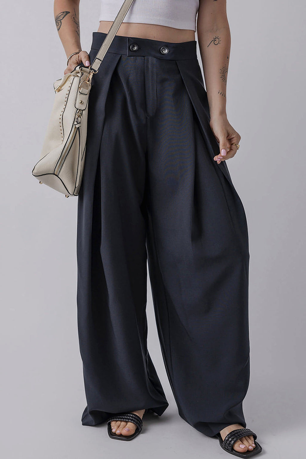 Dirty blue Dual Buttoned High Waist Pleated Wide Leg Pants - enhanced image 1