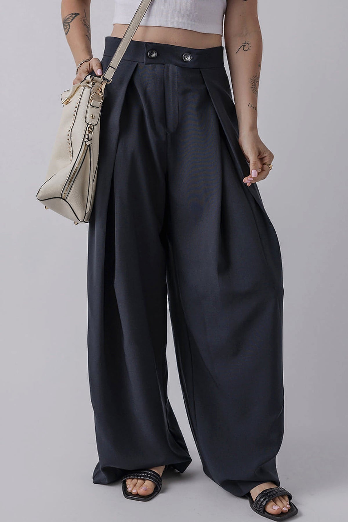 Dirty blue Dual Buttoned High Waist Pleated Wide Leg Pants - enhanced image 1