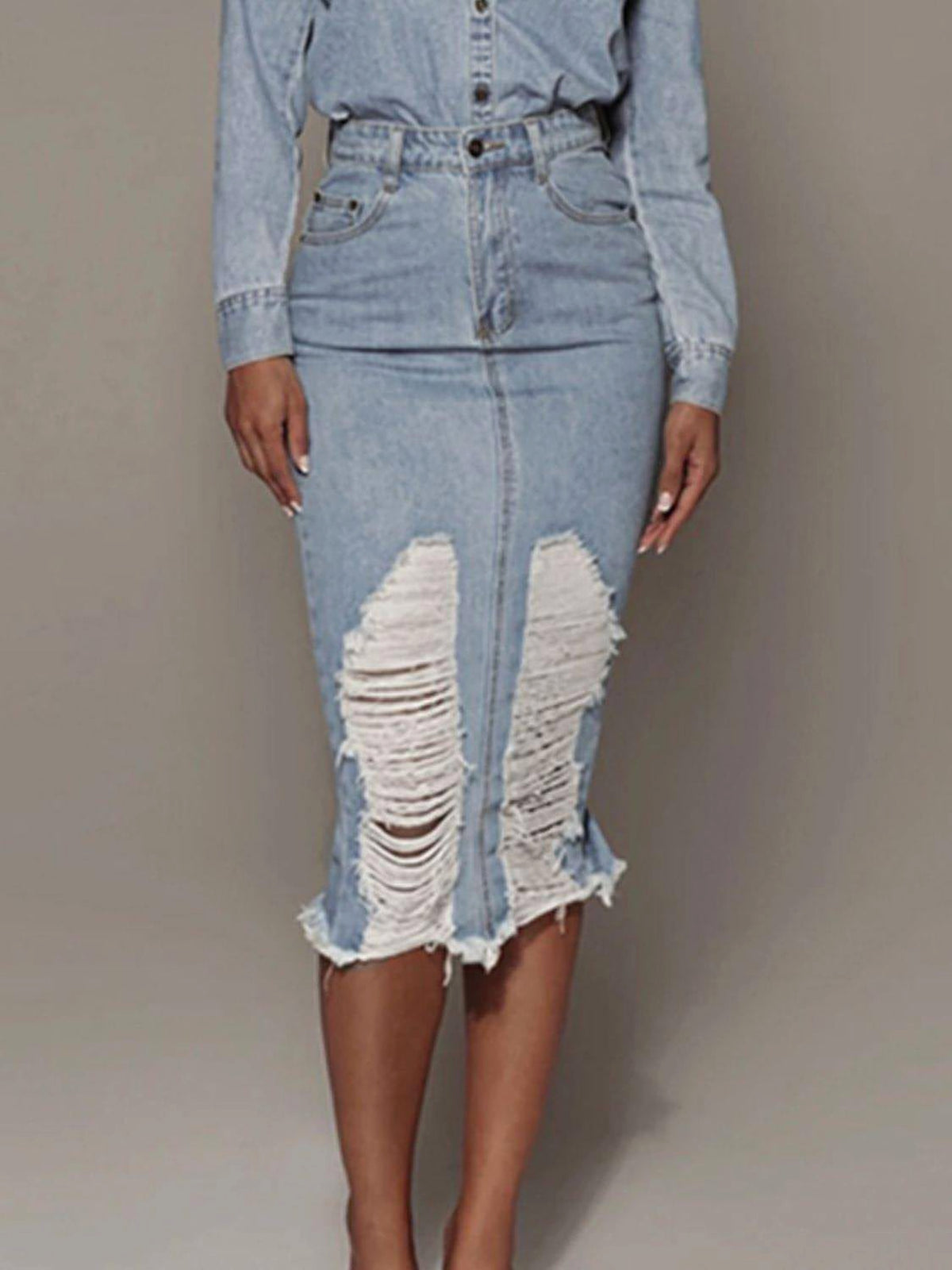 Distressed Slit Denim Skirt - enhanced image 1