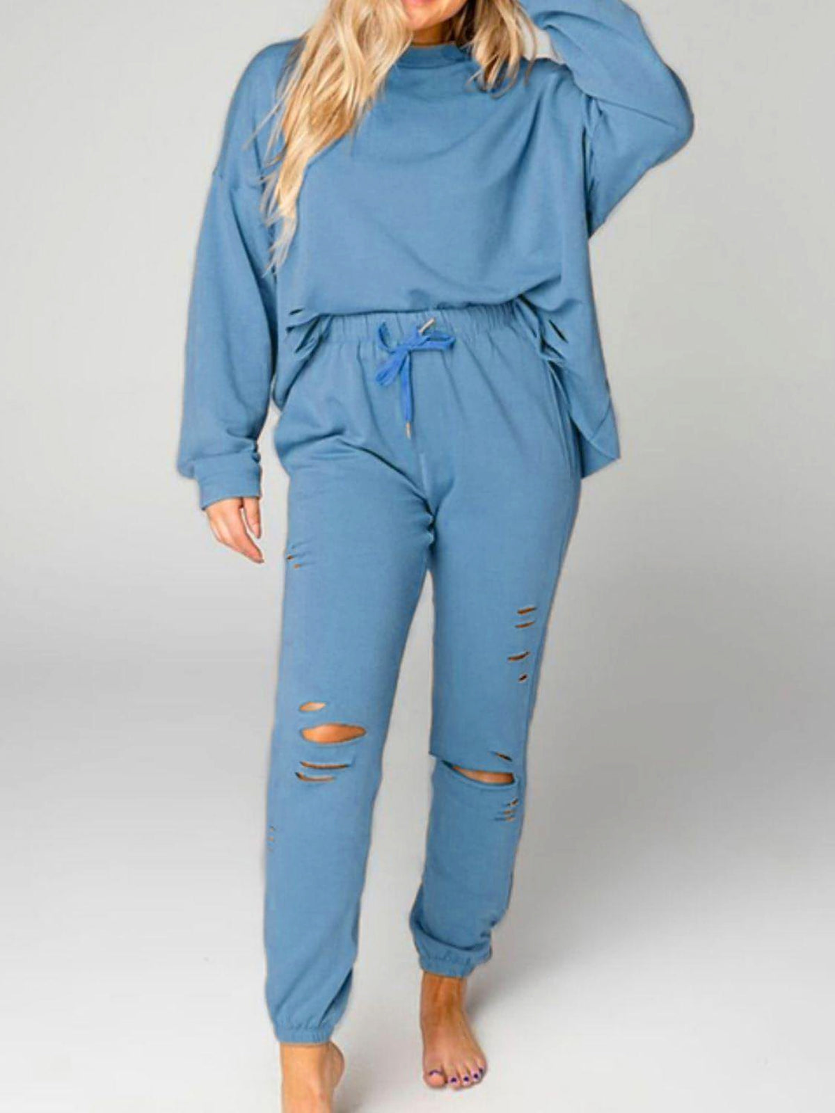 Distressed Sweatshirt and Joggers Set - enhanced image 1