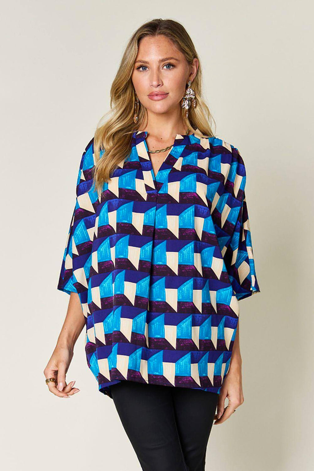 Double Take Full Size Geometric Notched Half Sleeve Blouse - enhanced image 1
