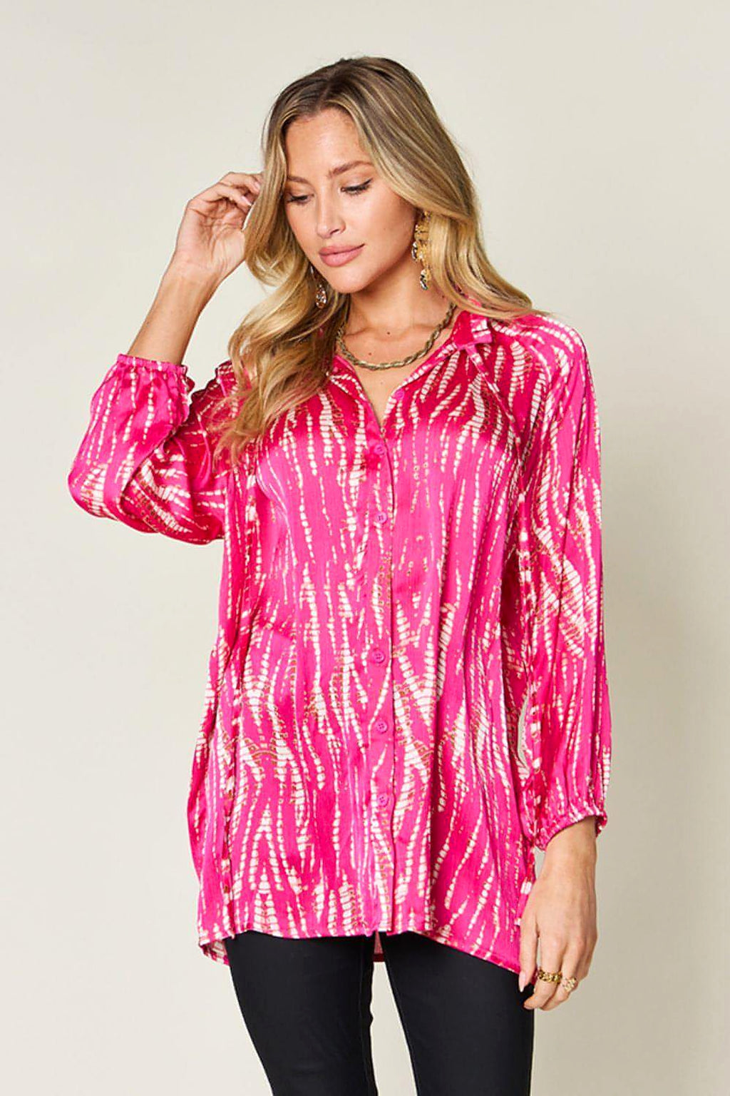 Double Take Full Size Printed Button Up Long Sleeve Shirt - enhanced image 1