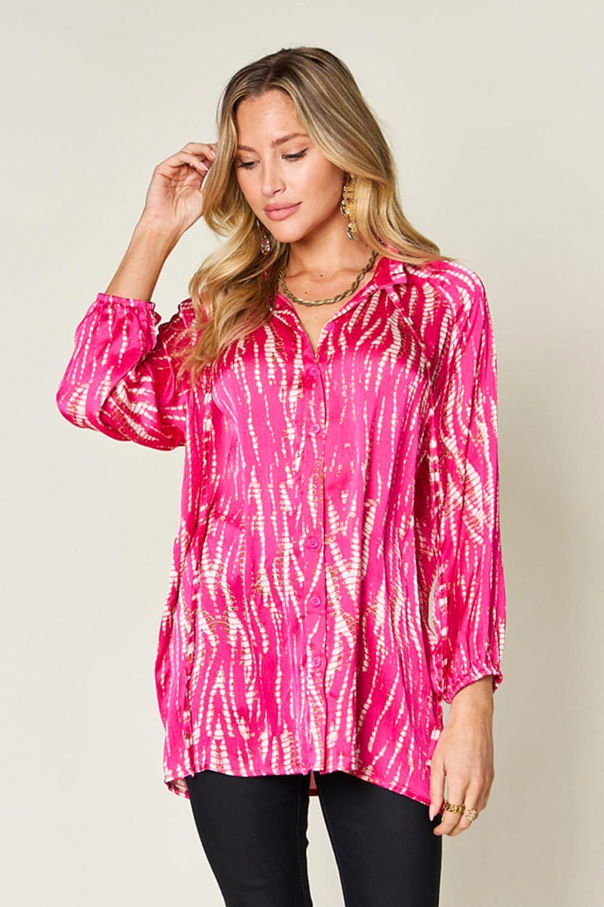 Double Take Full Size Printed Button Up Long Sleeve Shirt - enhanced image 1