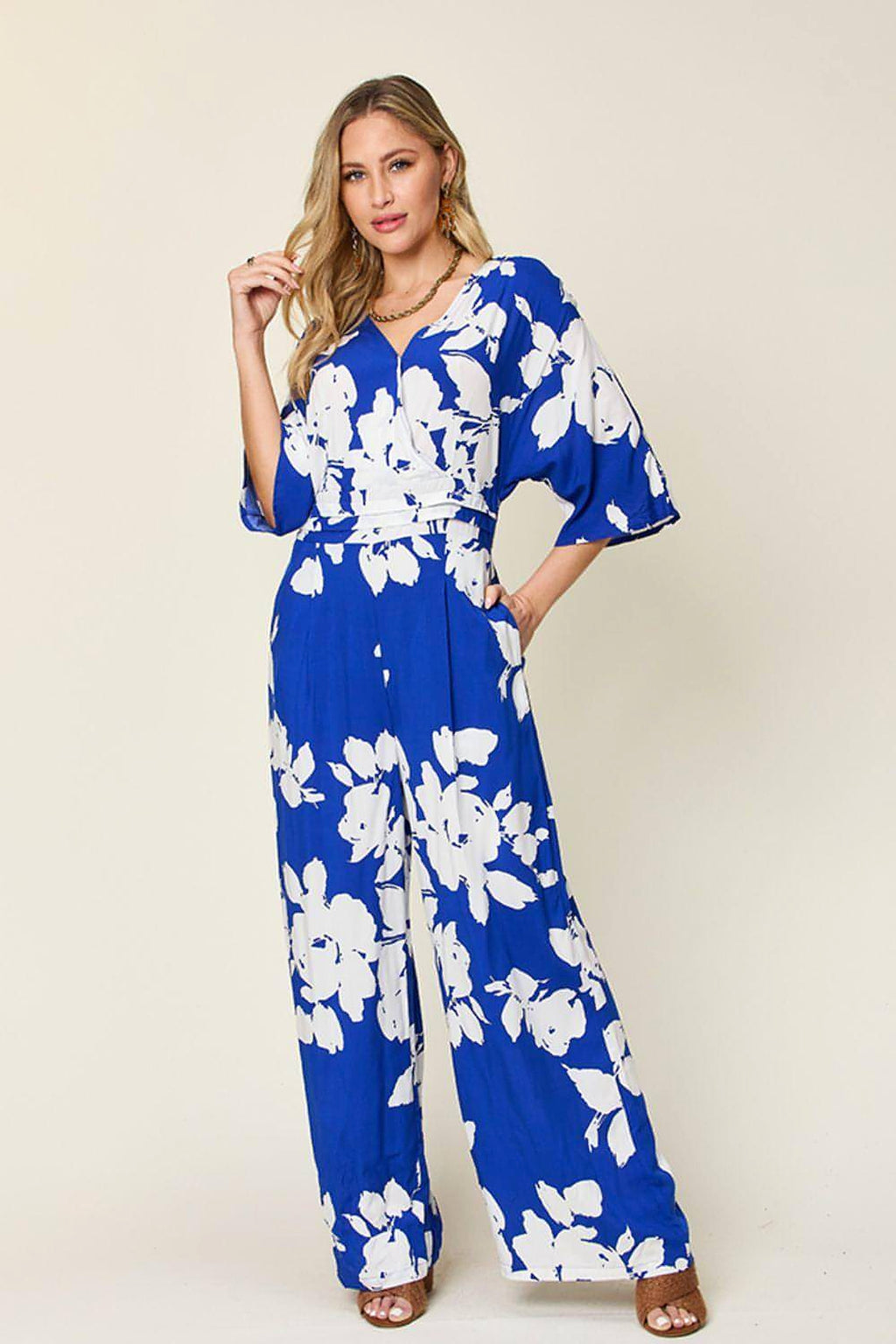 Double Take Full Size Printed Tie Back Wide Leg Jumpsuit - enhanced image 1
