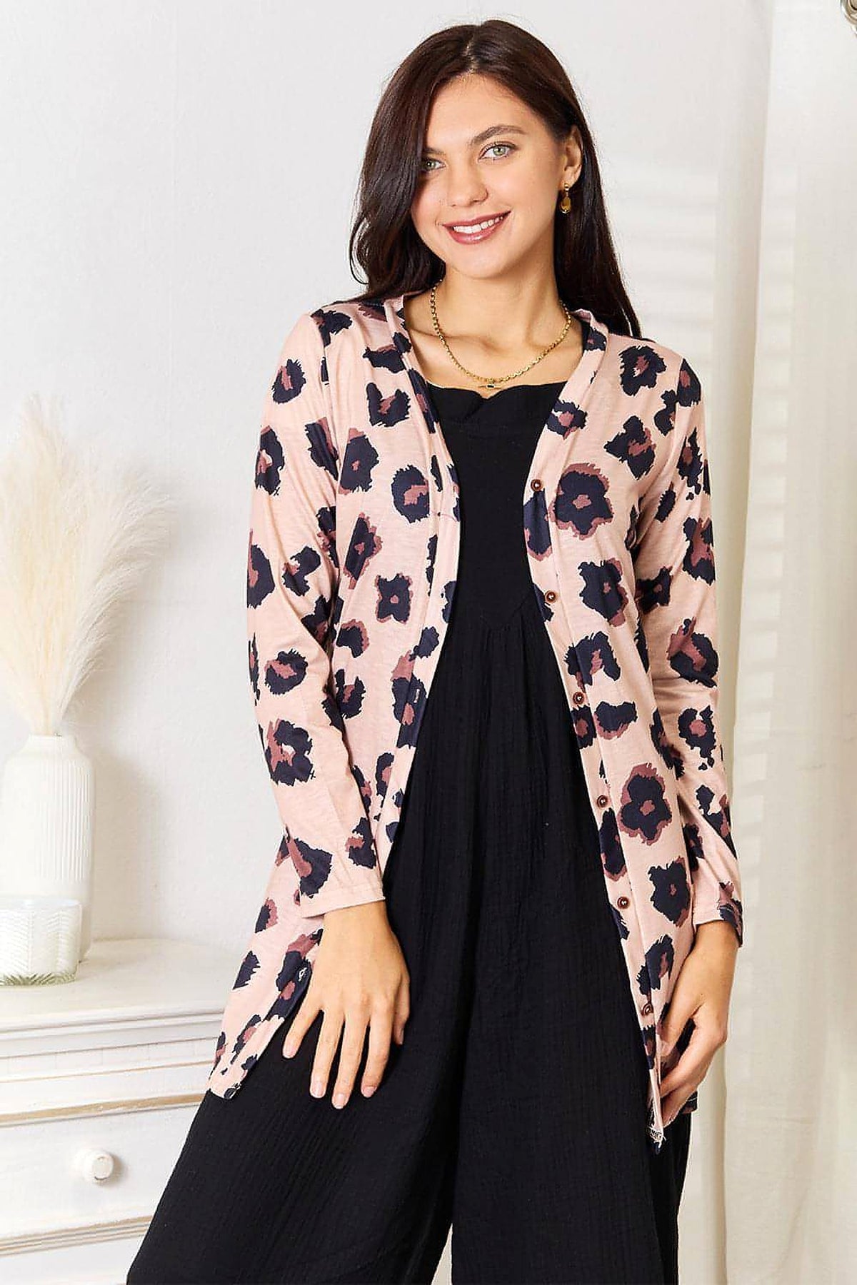 Double Take Printed Button Front Longline Cardigan - enhanced image 1