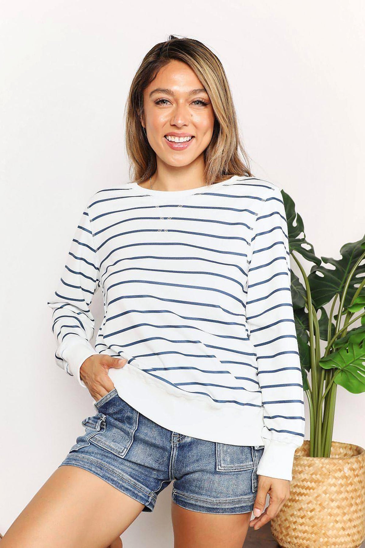 Double Take Striped Long Sleeve Round Neck Top - enhanced image 1