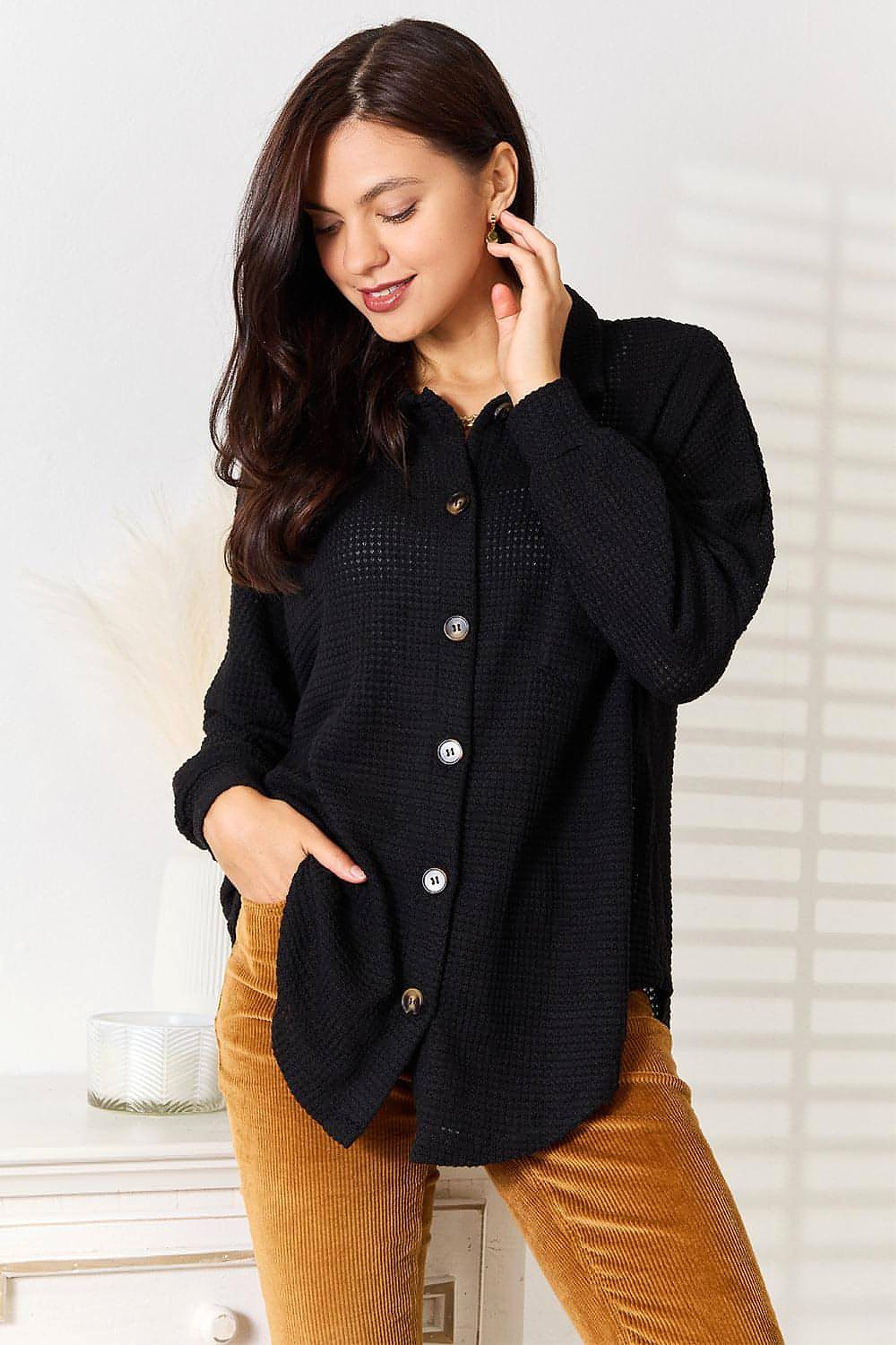 Double Take Waffle-Knit Collared Neck Dropped Shoulder Shirt - enhanced image 1