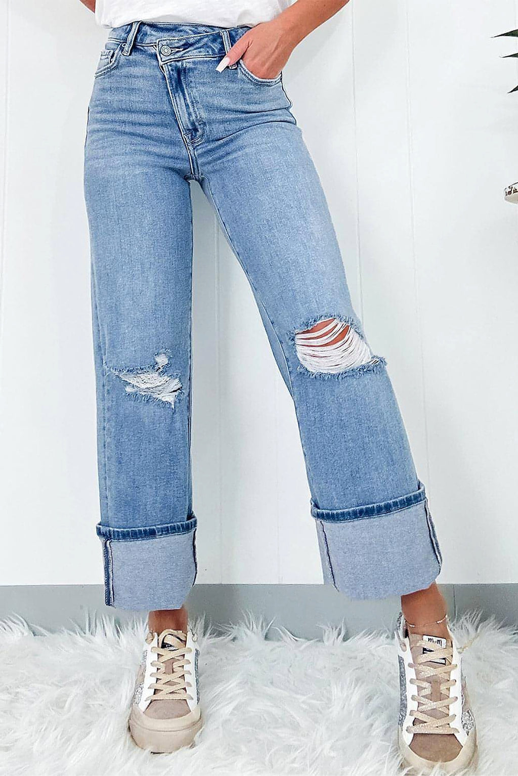 Dusk Blue High Rise Asymmetric Button Zip Fly Ripped Jeans - enhanced image 1