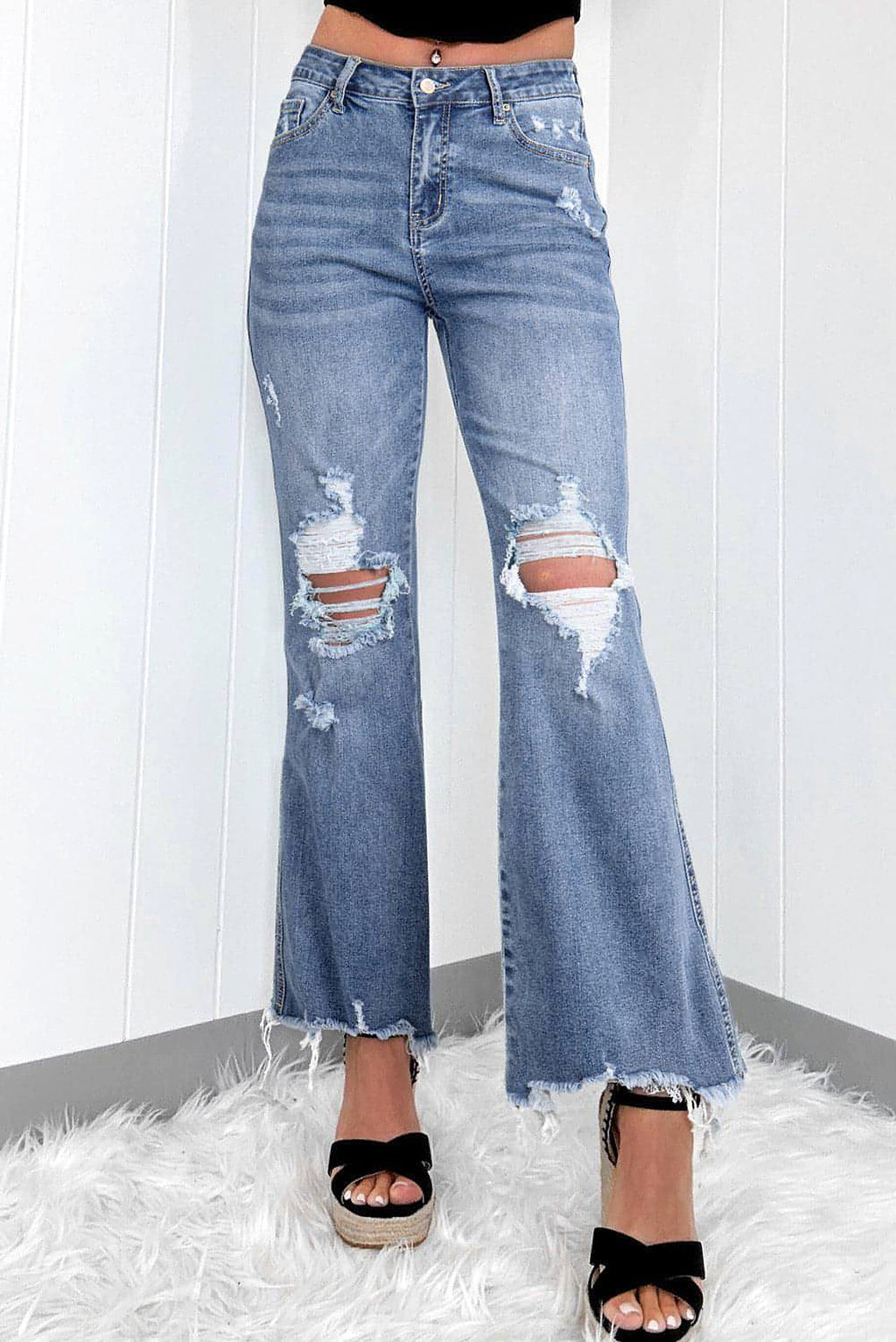 Dusk Blue High Rise Ripped Distressed Hem Flared Jeans - enhanced image 1