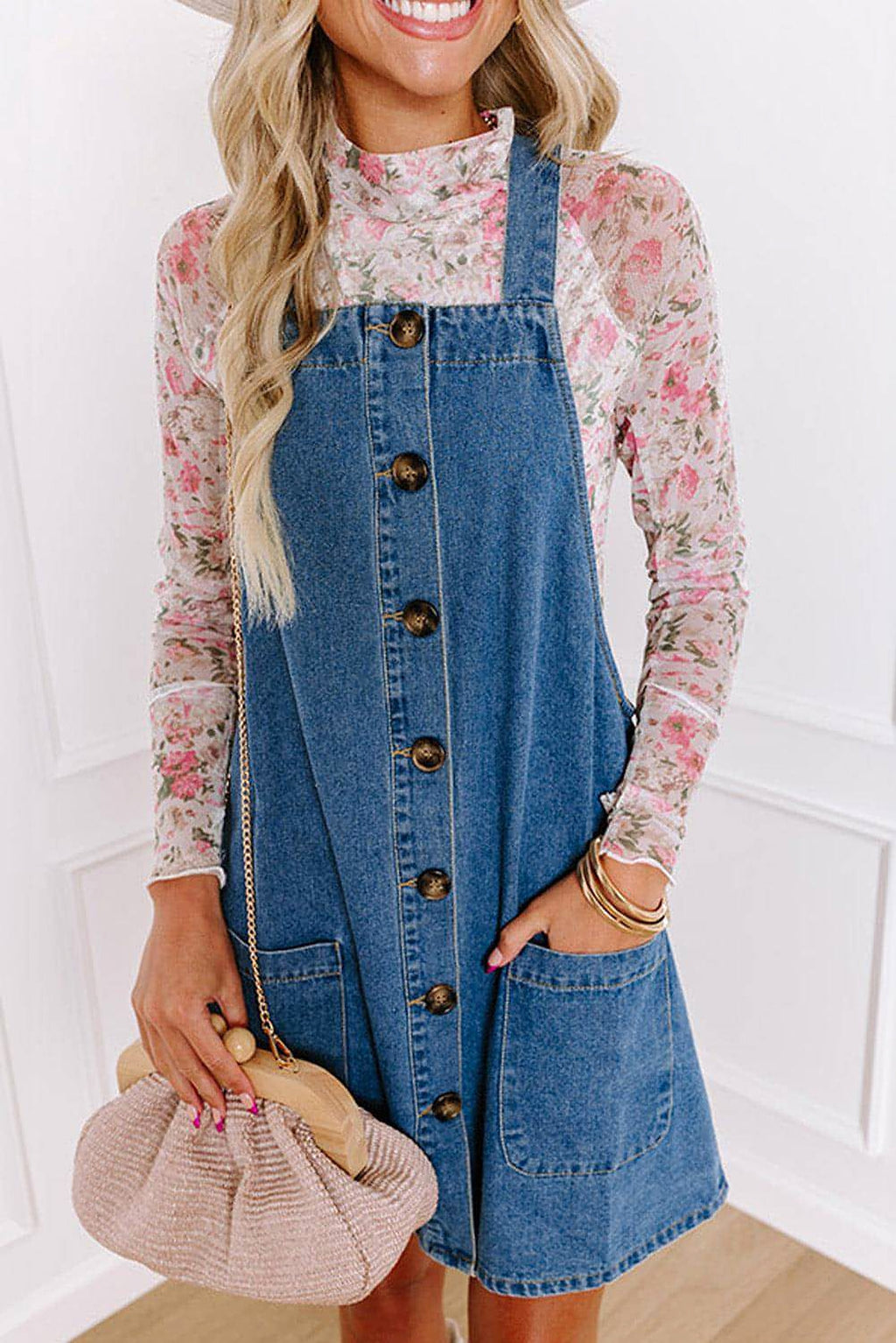 Dusk Blue Wide Strap Button Front Pocketed Denim Mini Dress - enhanced image 1