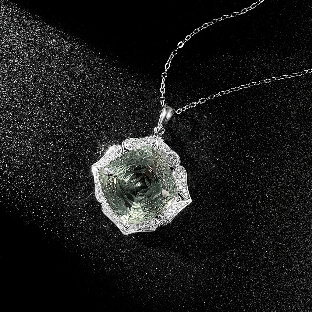 European And American Entry Lux Sweater S925 Silver Inlay Large Natural Green Crystal Pendant - enhanced image 1