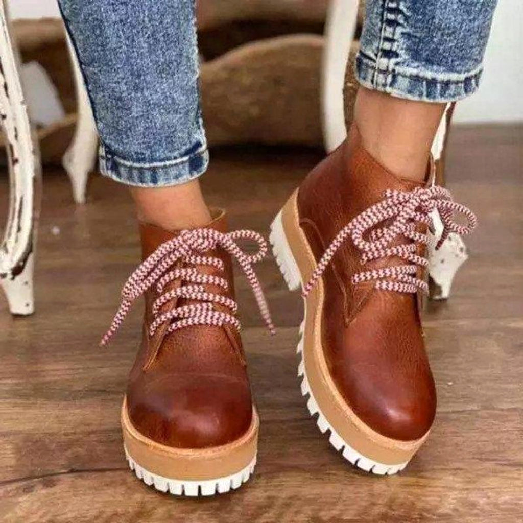 Flat Heel Women's Round Toe Brown Low-Tube Viscose Martin Boots - enhanced image 1
