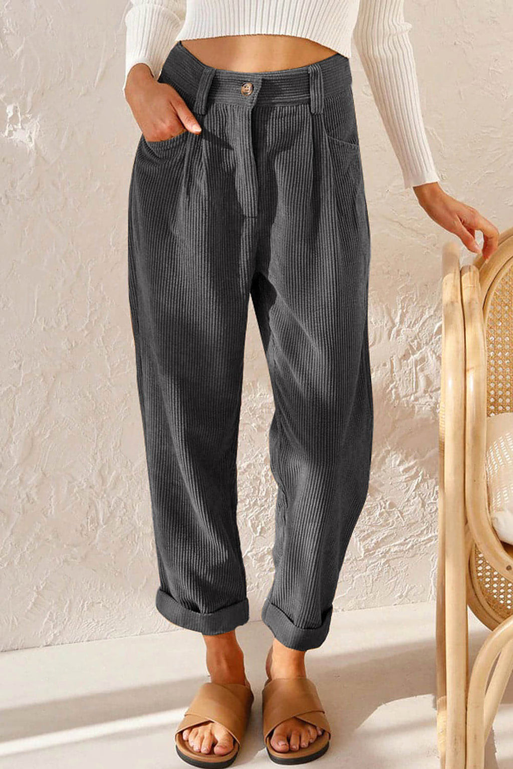 Gray Corduroy High Waist Straight Leg Pants - enhanced image 1