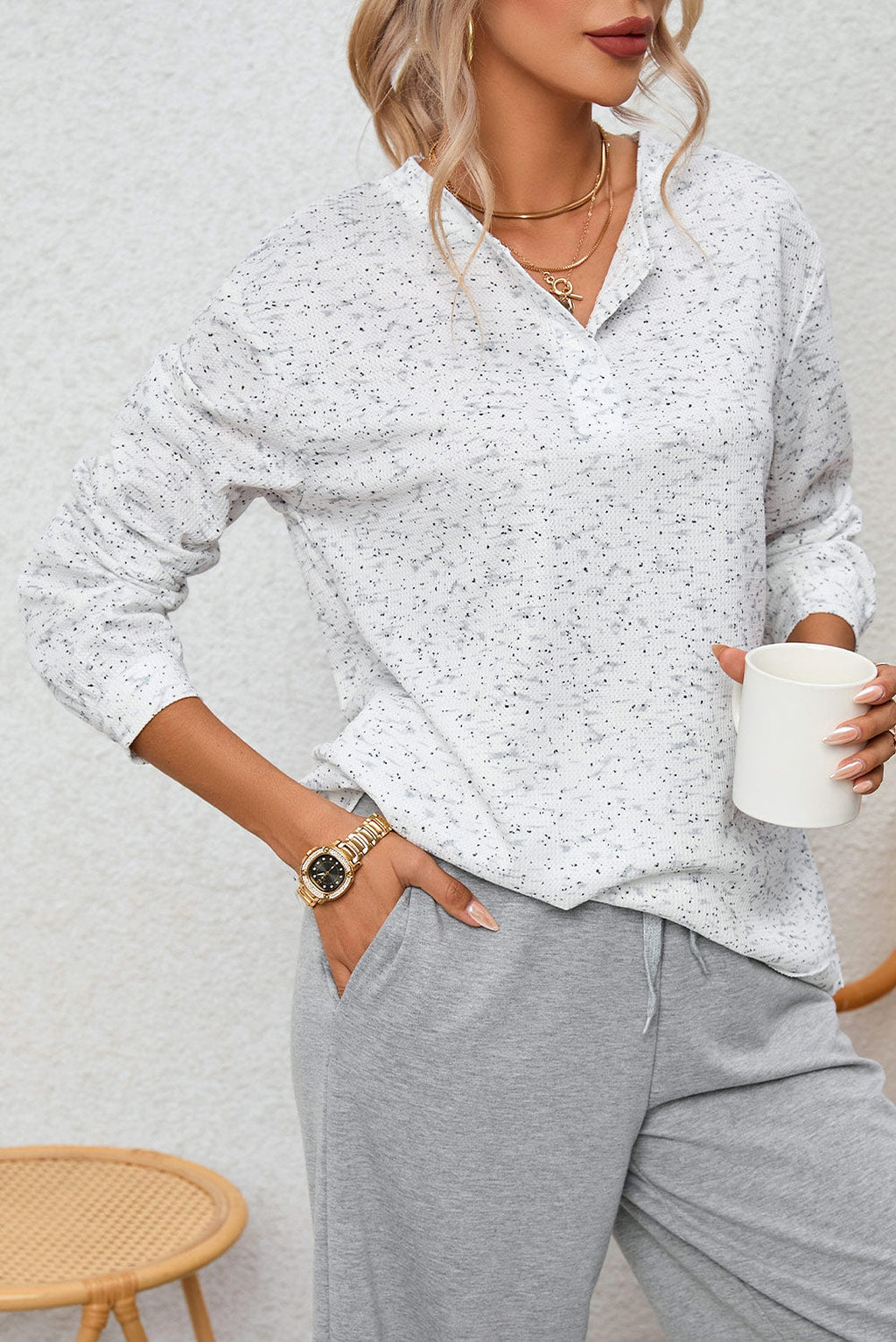 Gray Slouchy Heather Rib Knit Long Sleeve Henley Top - enhanced image 1