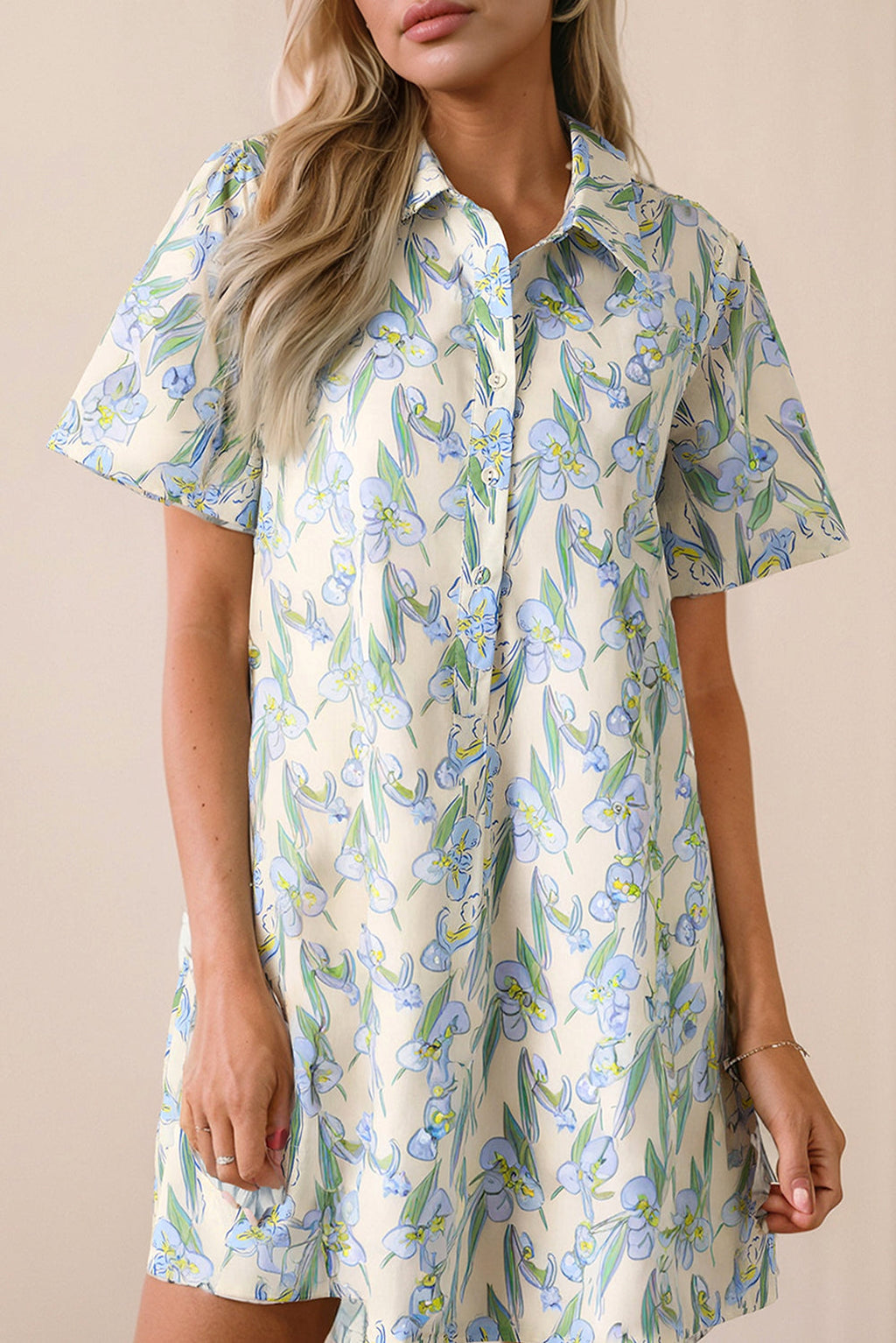 Green Floral Print Shirtcollar Buttoned Short Sleeve Shift Dress - enhanced image 1