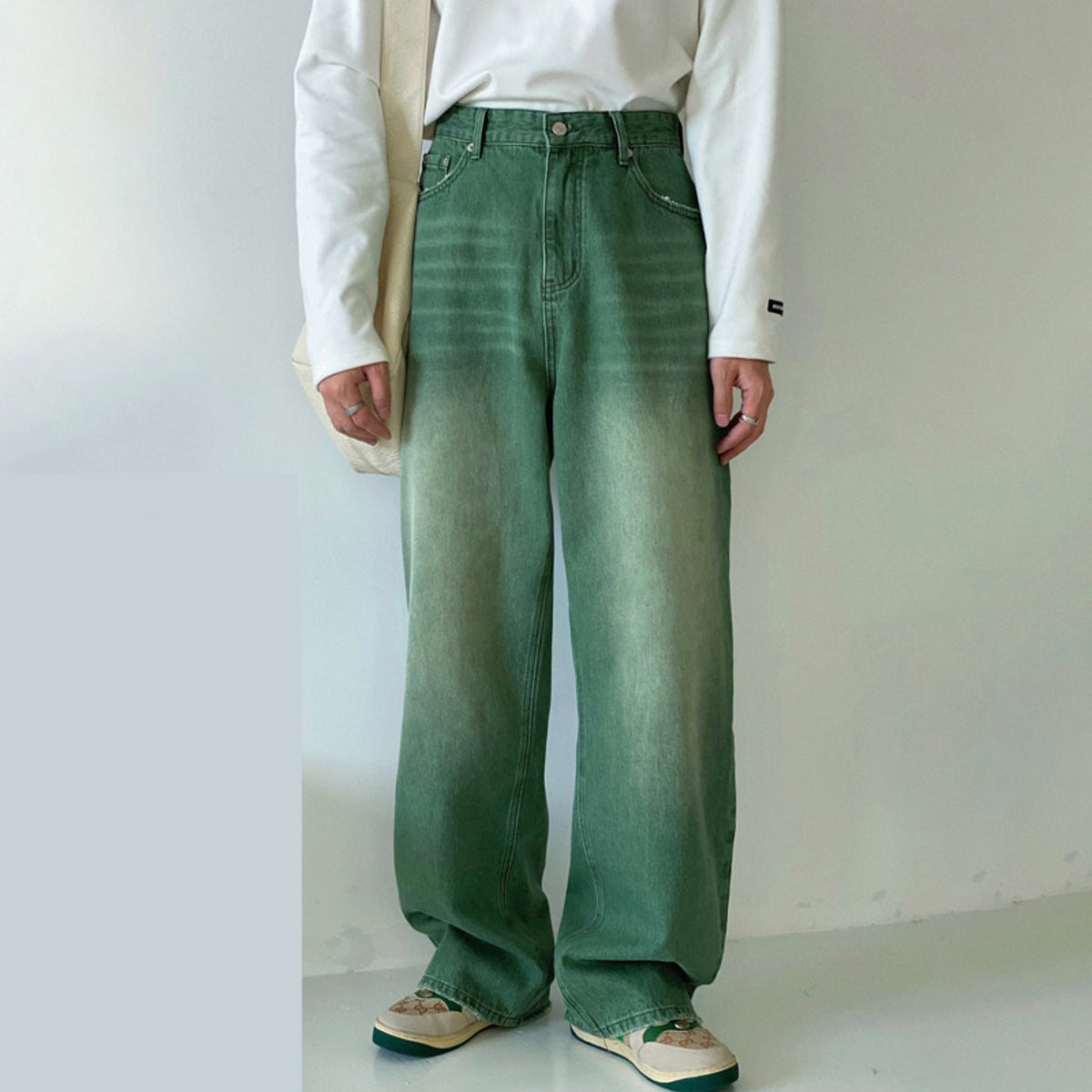 Green men 's retro vintage jeans - enhanced image 1