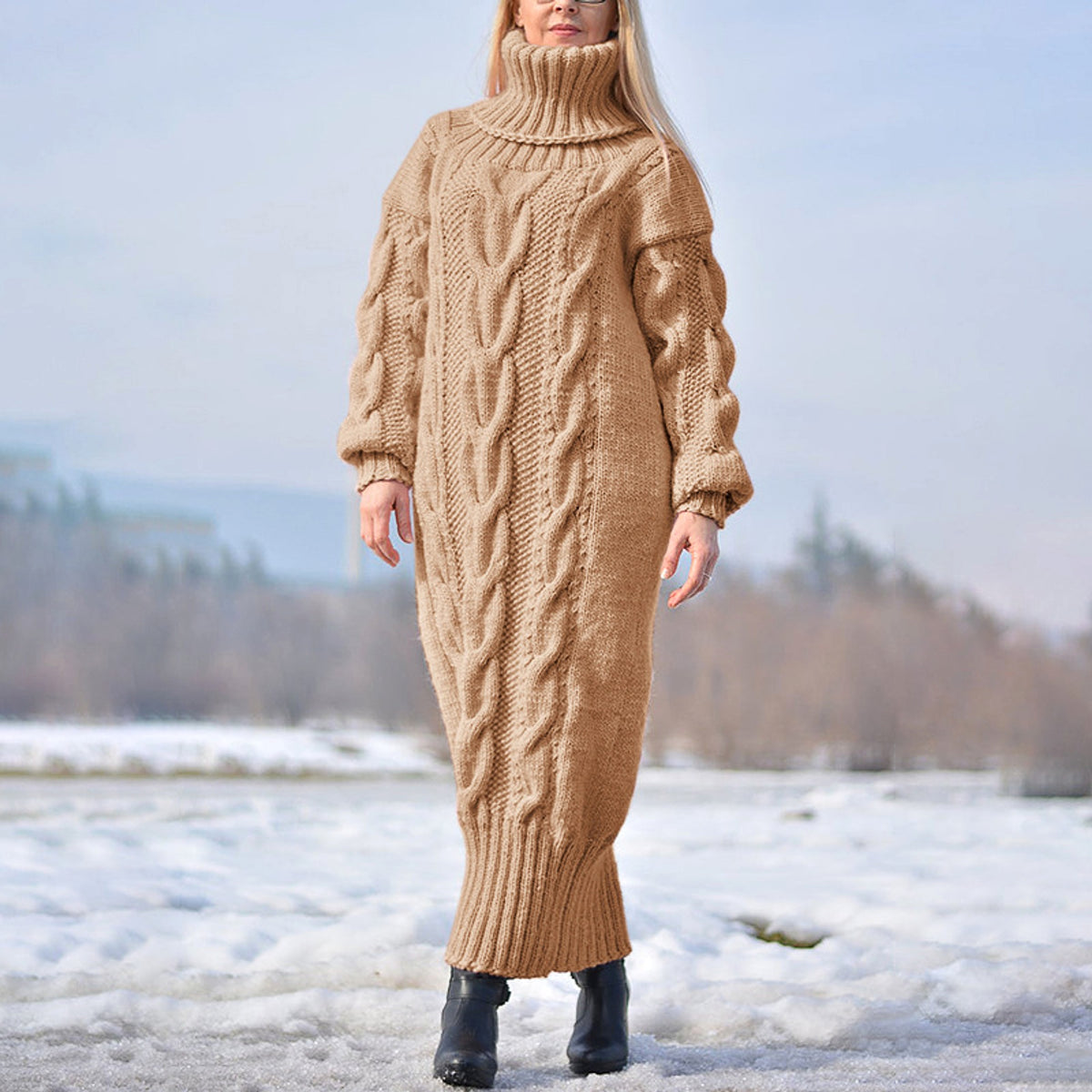 High Neck Pullover Cable Loose Knitted Wool Dress - enhanced image 1