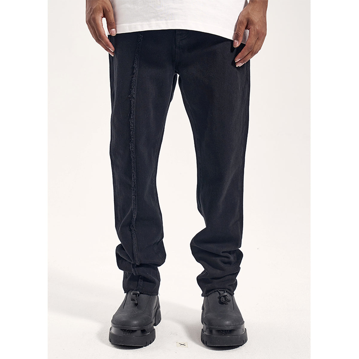 High Street Dark 3D Cut Solid Black Vintage Jeans Men - enhanced image 1