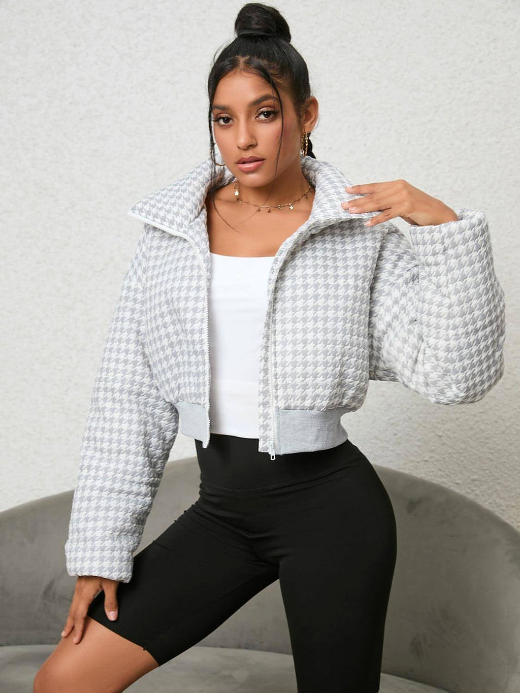 Houndstooth Zip-Up Jacket - enhanced image 1