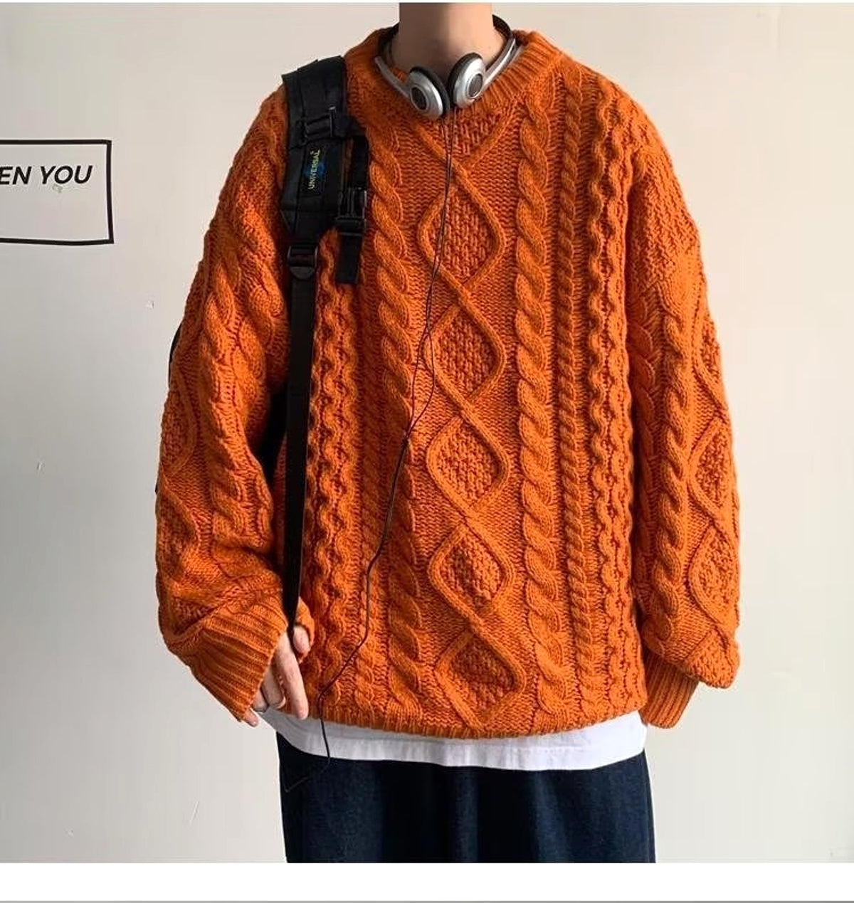 Japanese Stitching Contrast Color Cable-knit Sweater Men - enhanced image 1