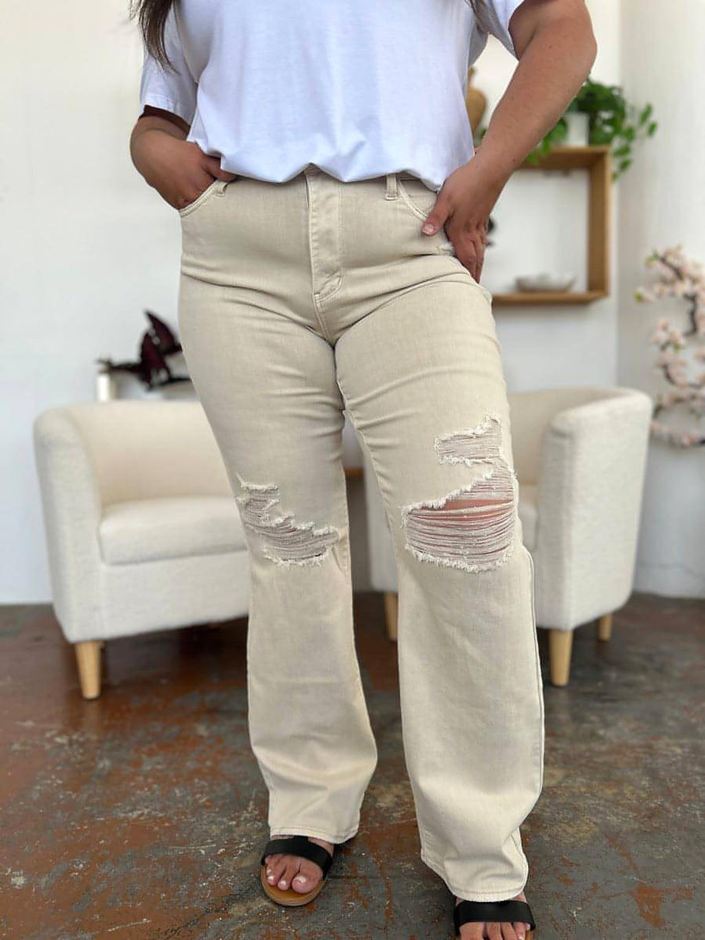 Judy Blue Full Size High Waist Distressed Wide Leg Jeans - enhanced image 1