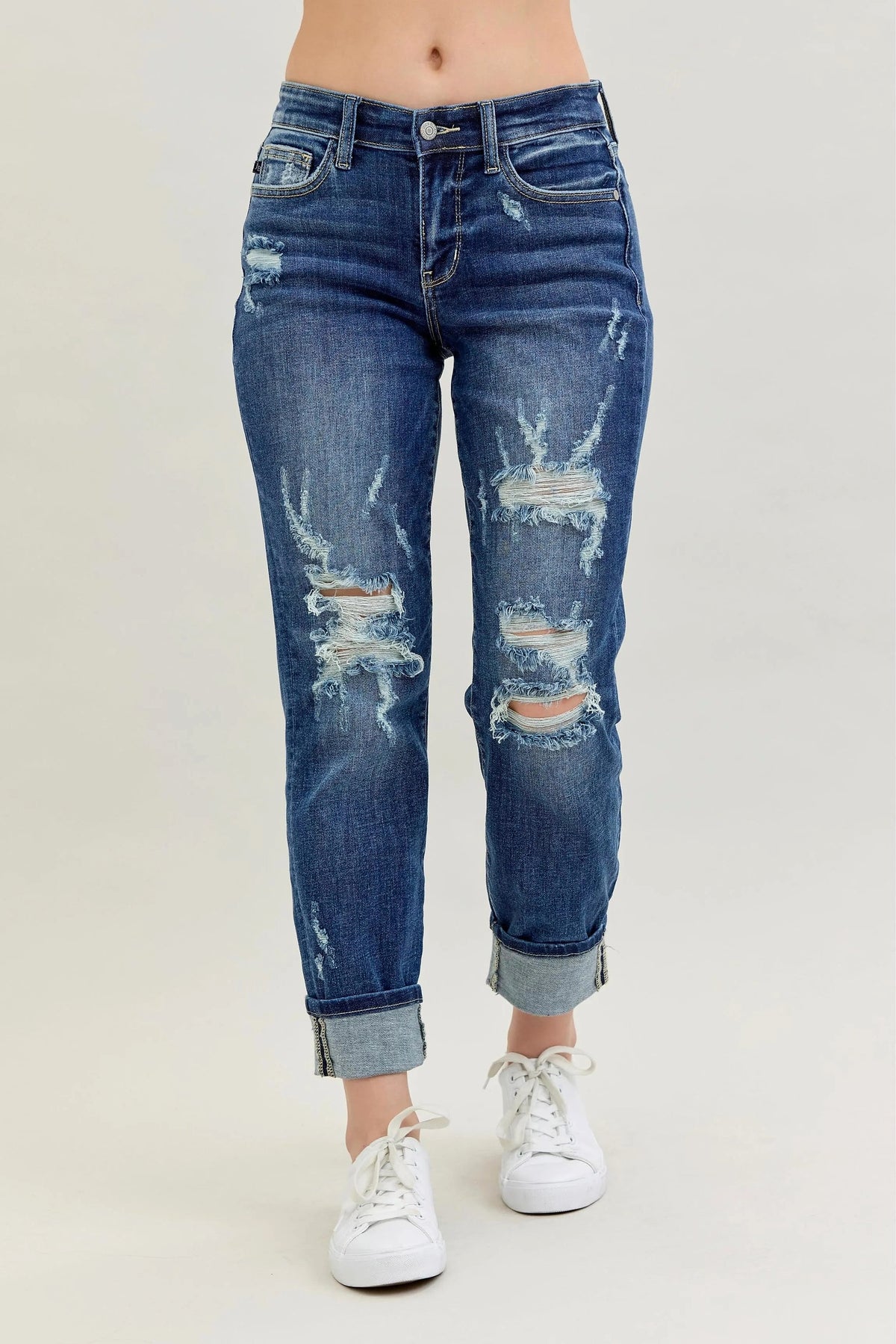 Judy Blue Full Size Mid Rise Cuffed Destroy Bf Jeans Plus Size - enhanced image 1