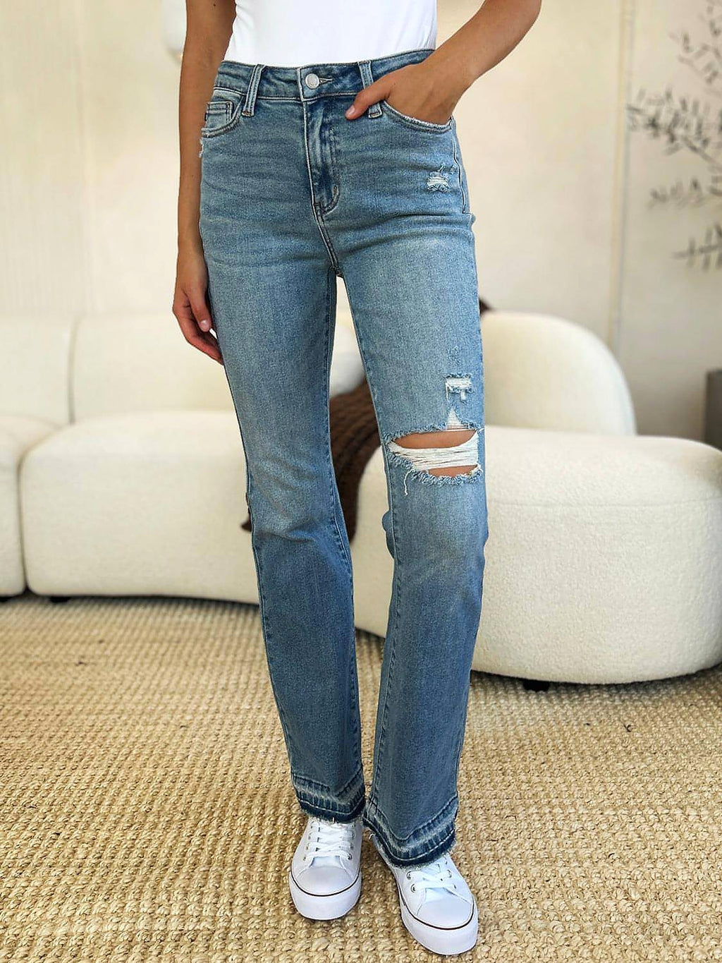 Judy Blue Full Size Mid Rise Destroyed Hem Distressed Jeans - enhanced image 1