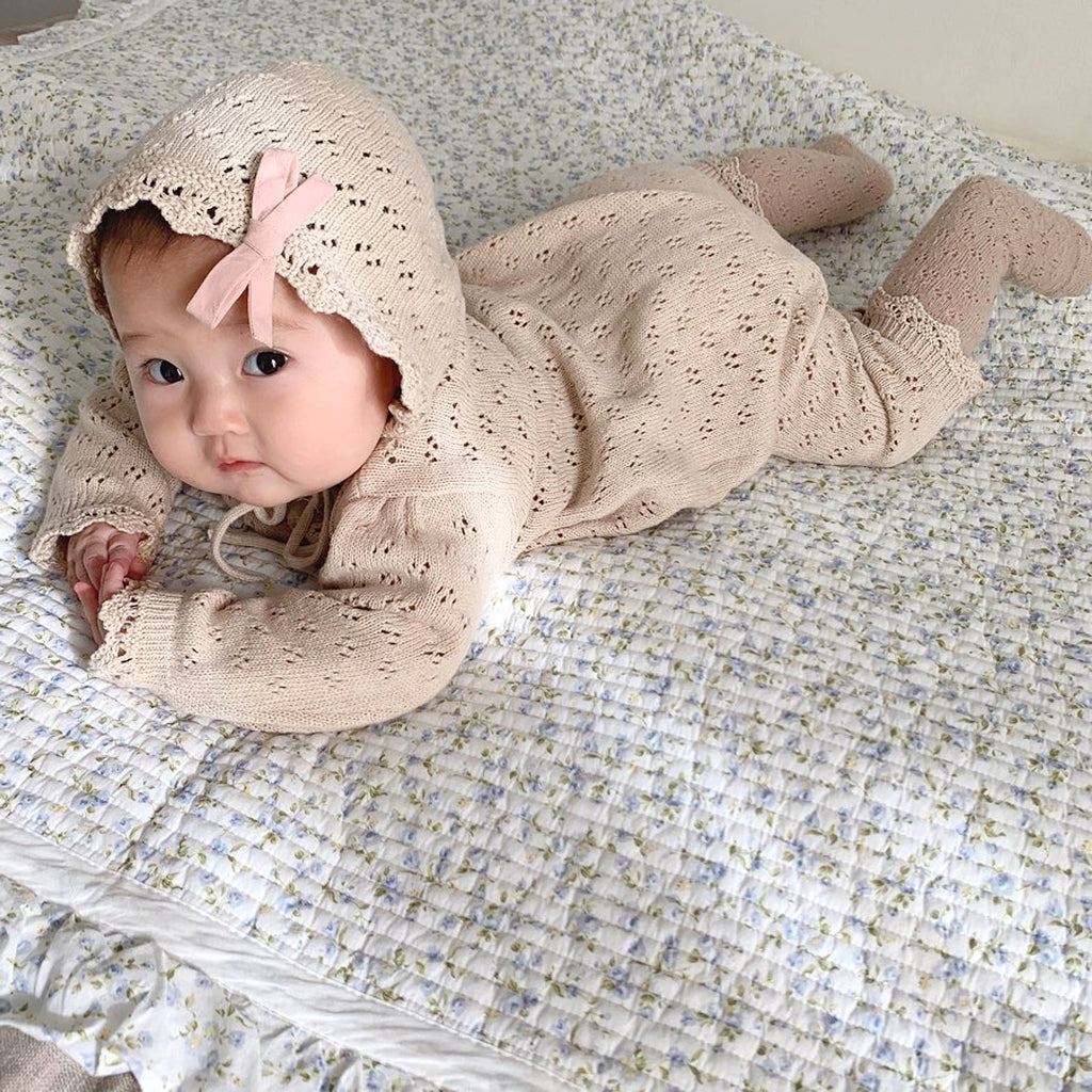 LaceNest™ – Knitted Hollow Baby Romper with Hat - enhanced image 1