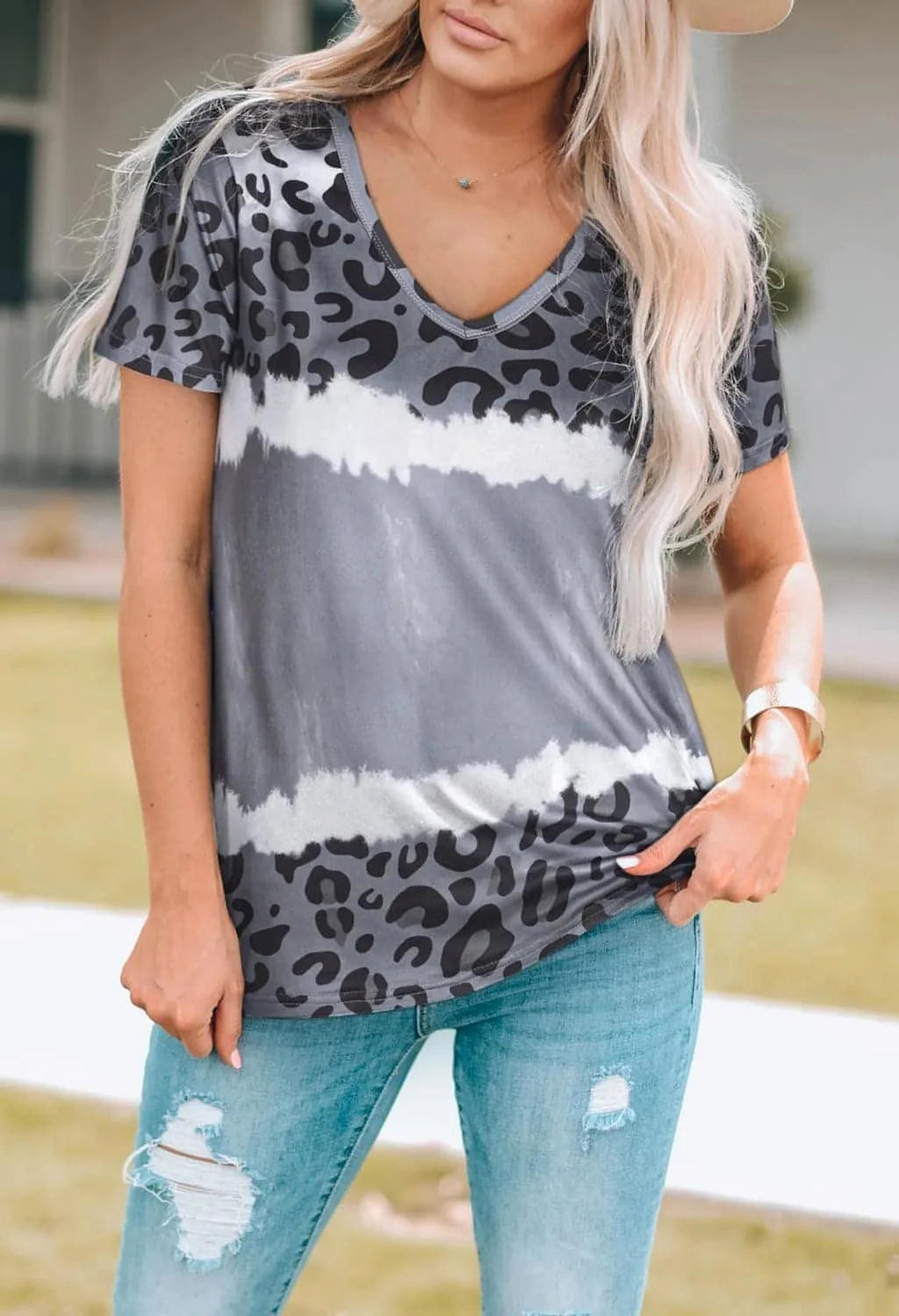Leopard V-Neck Short Sleeve T-Shirt - enhanced image 1
