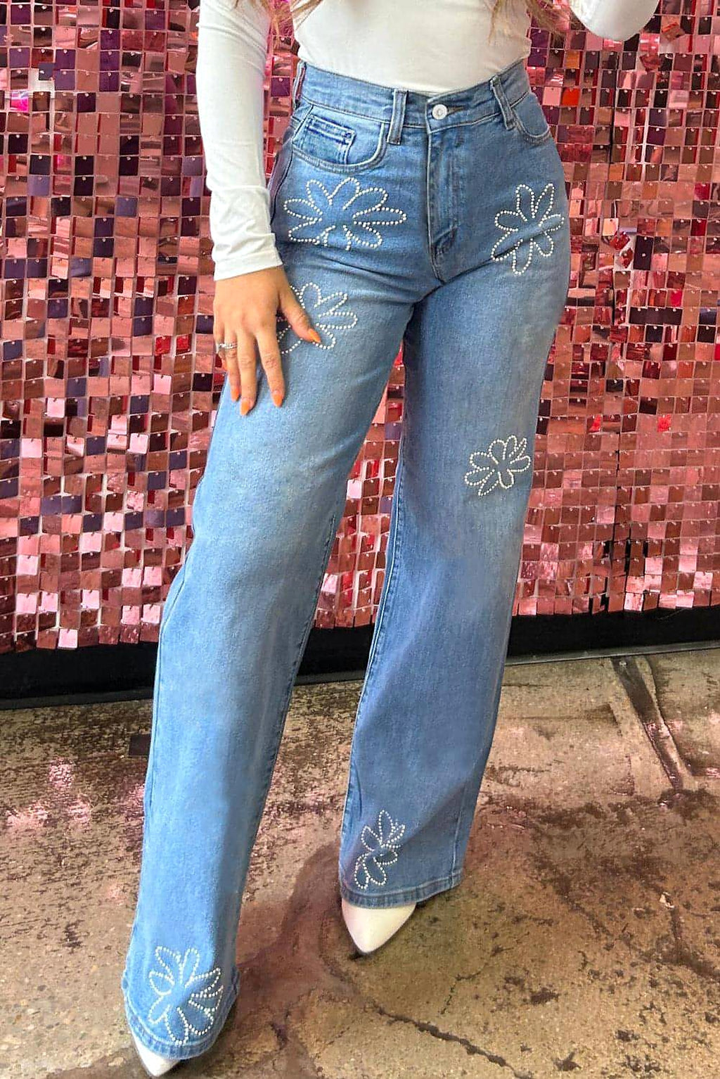 Light Blue Floral Rhinestone Decor High Rise Wide Leg Jeans - enhanced image 1