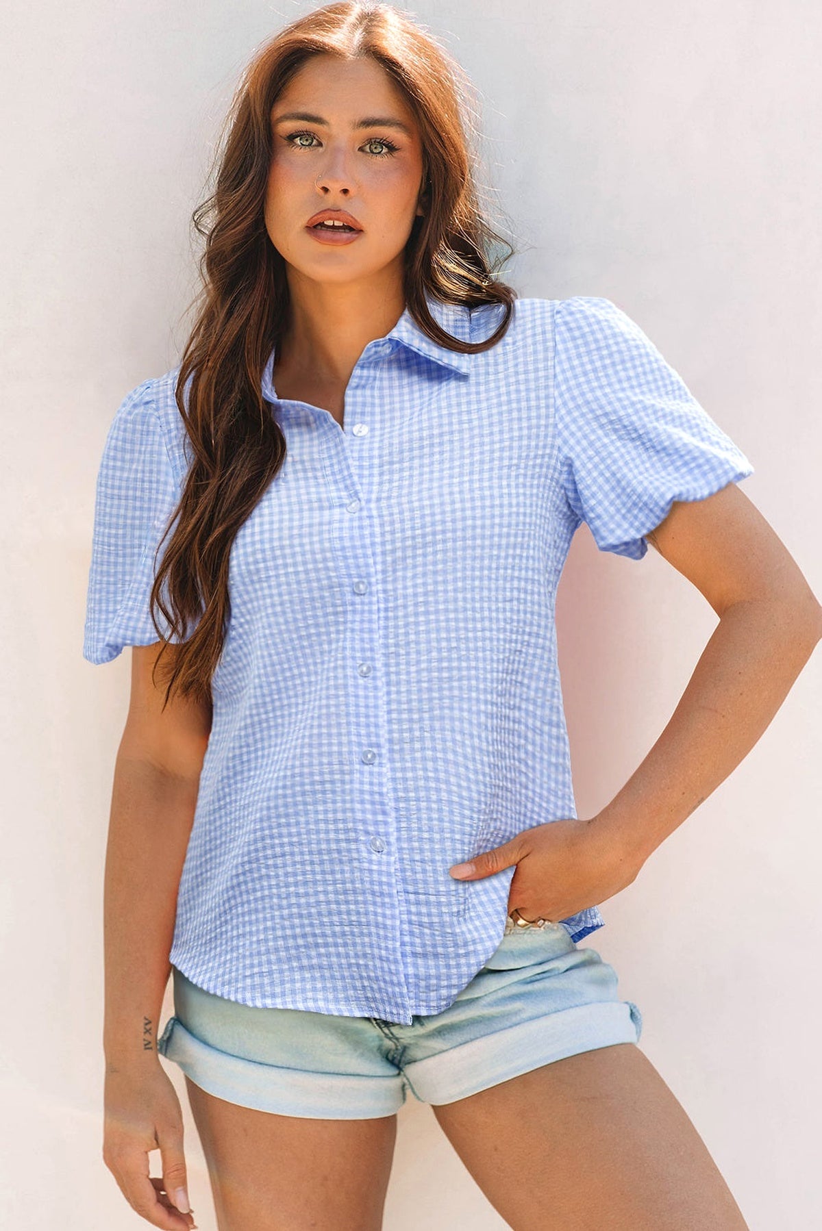 Light Blue Gingham Short Puff Sleeve Button Up Shirt - enhanced image 1