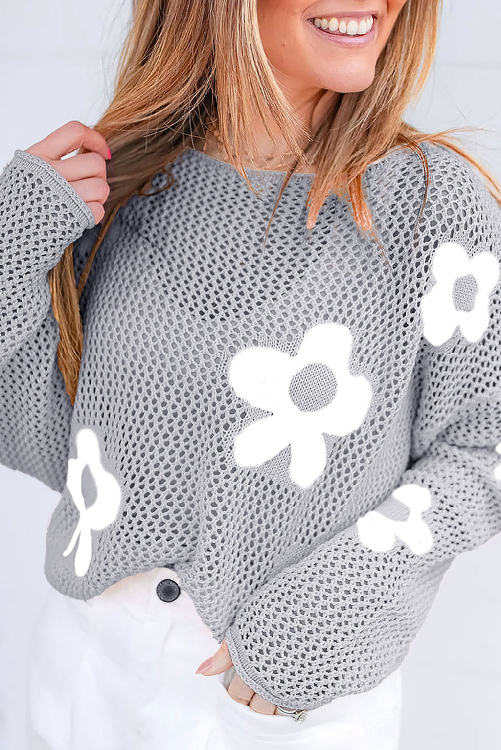 Light Grey Big Flower Hollowed Knit Drop Shoulder Sweater - enhanced image 1