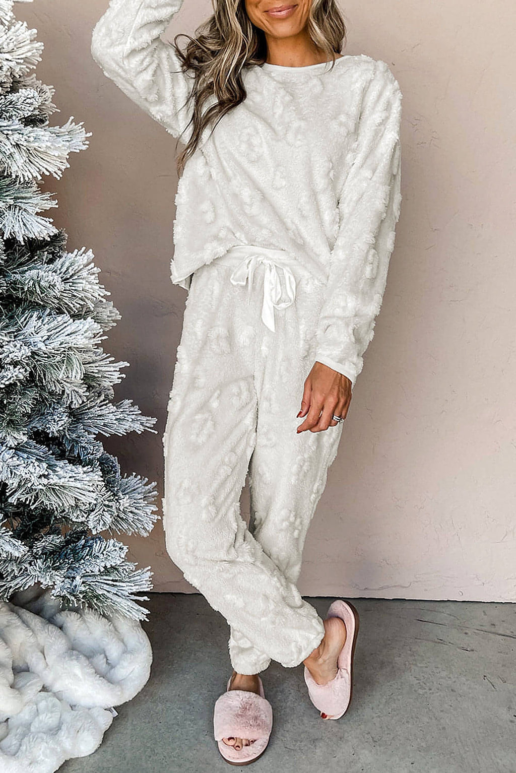 Light Grey Leopard Textured Loose Fit Fleece Lounge Set - enhanced image 1