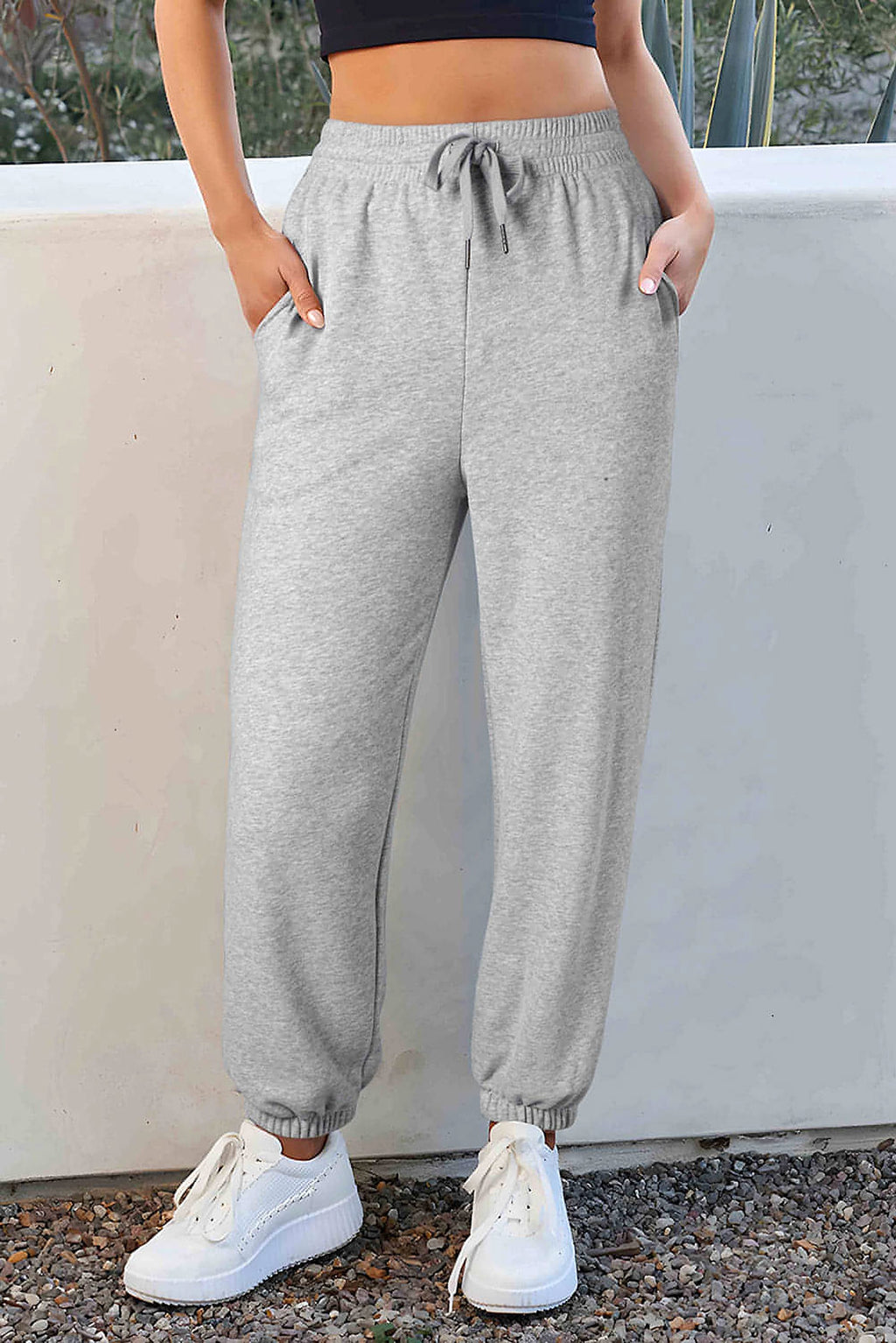 Light Grey Solid Color Fleece Lined Drawstring Waist Joggers - enhanced image 1