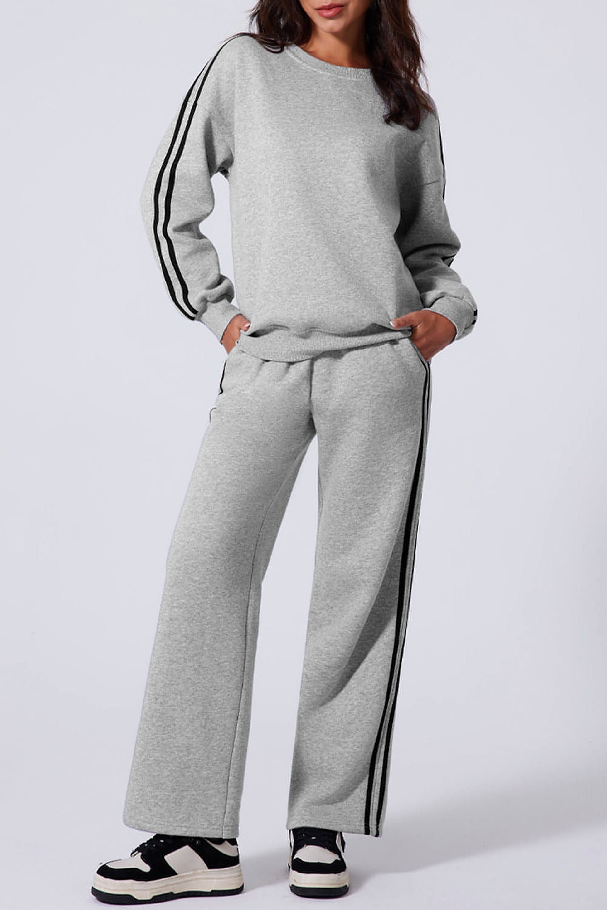 Light Grey Solid Color Side Striped Sweatshirt Active Set - enhanced image 1