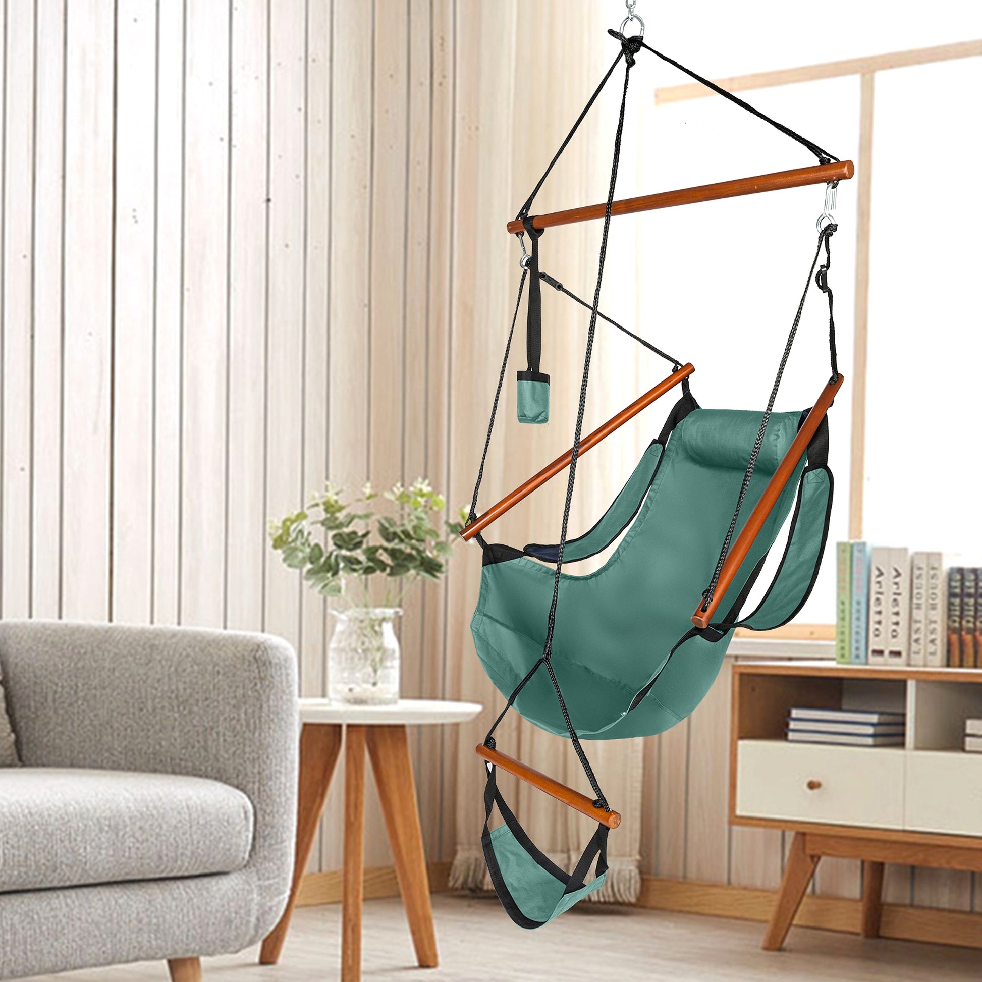 LuxeSwing™ – Oxford Hanging Chair with Wooden Bar & Cup Holder, Green (US Warehouse) - enhanced image 1