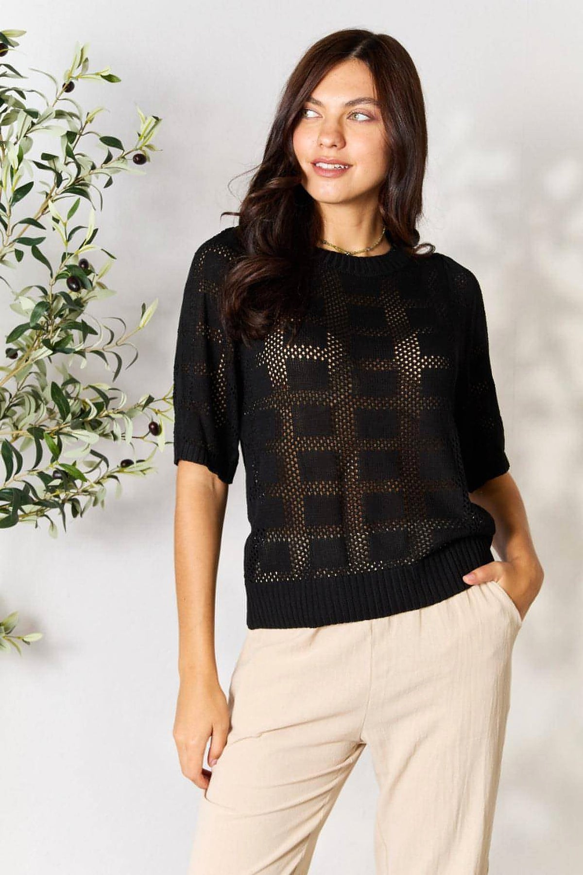 Mandy Ribbed Trim Round Neck Knit Top - enhanced image 1