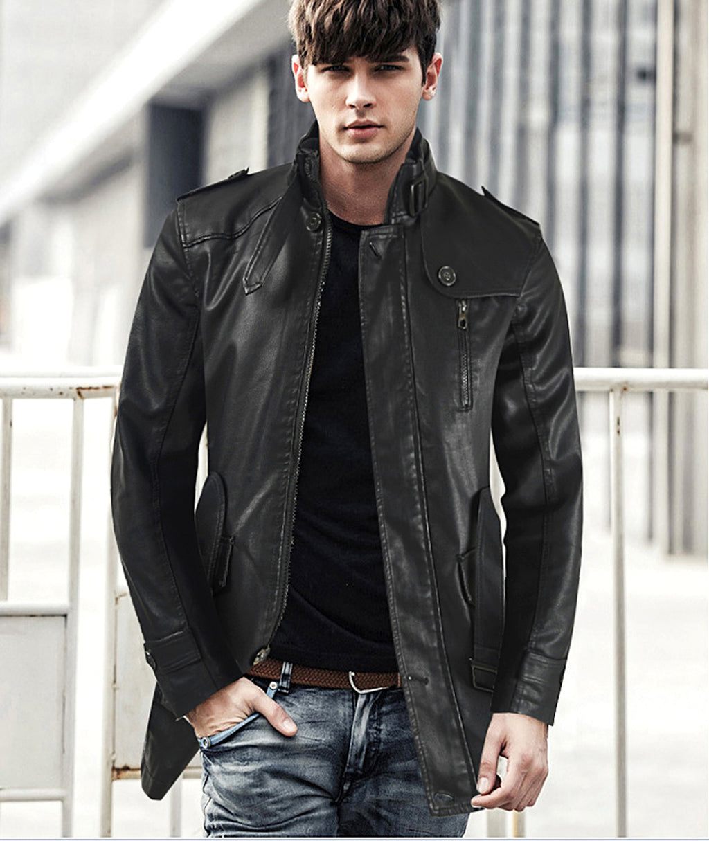 Men's Mid-length Stand-up Collar Slim Large Size Leather Trench Coat - enhanced image 1