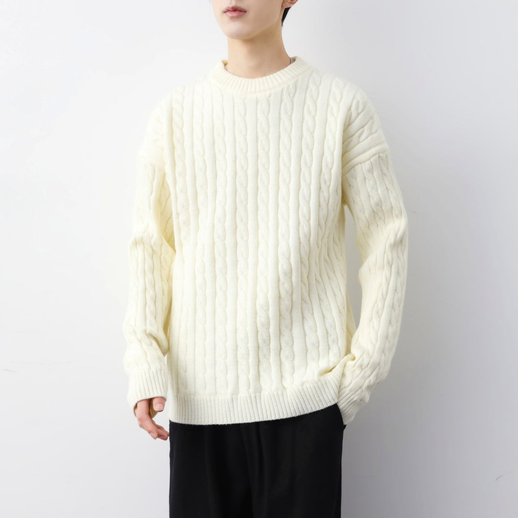 Men's Thick Solid Color Loose Round Neck Twisted Twisted Sweater - enhanced image 1