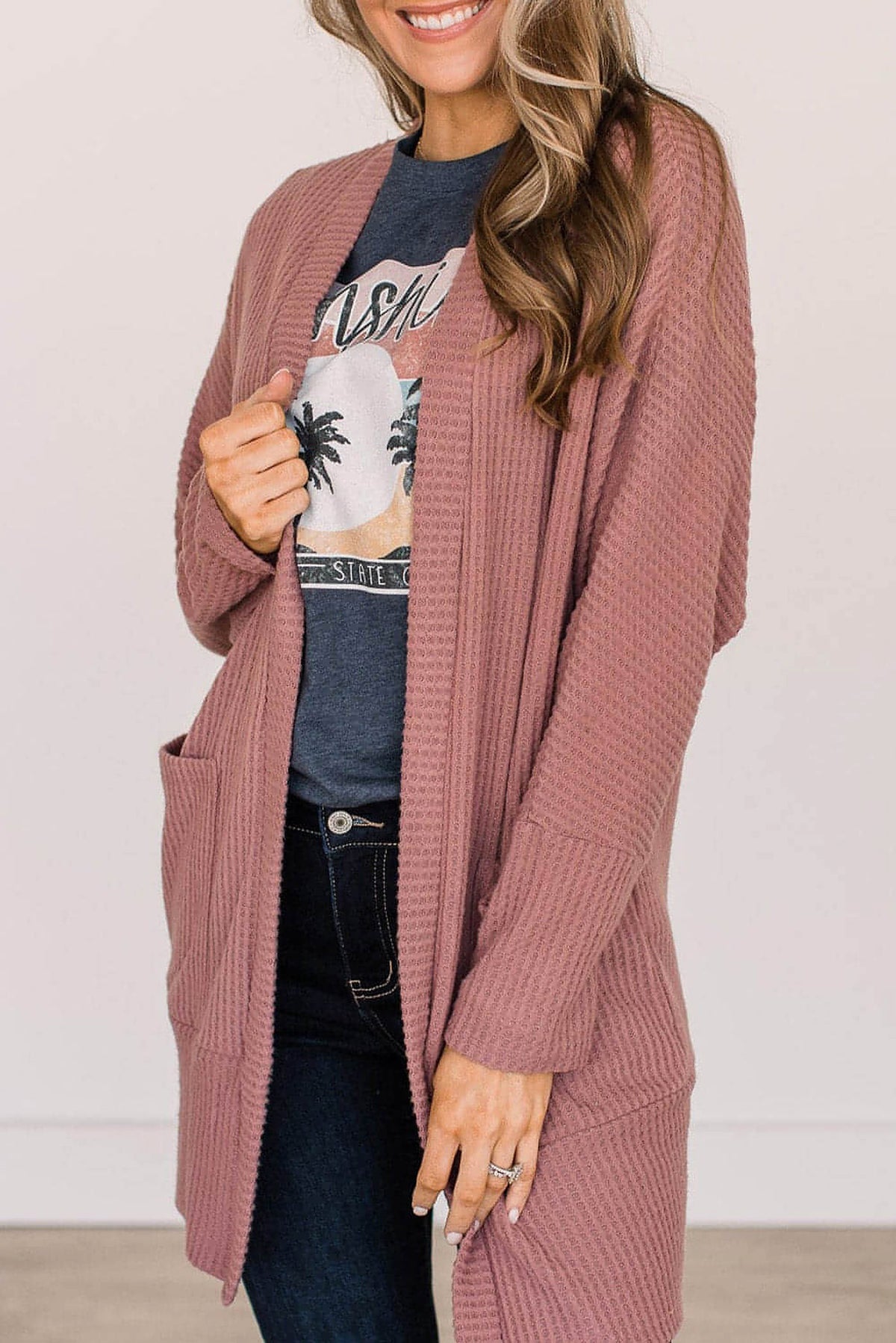 Mineral Red Solid Color Waffle Knit Cardigan with Pocket - enhanced image 1