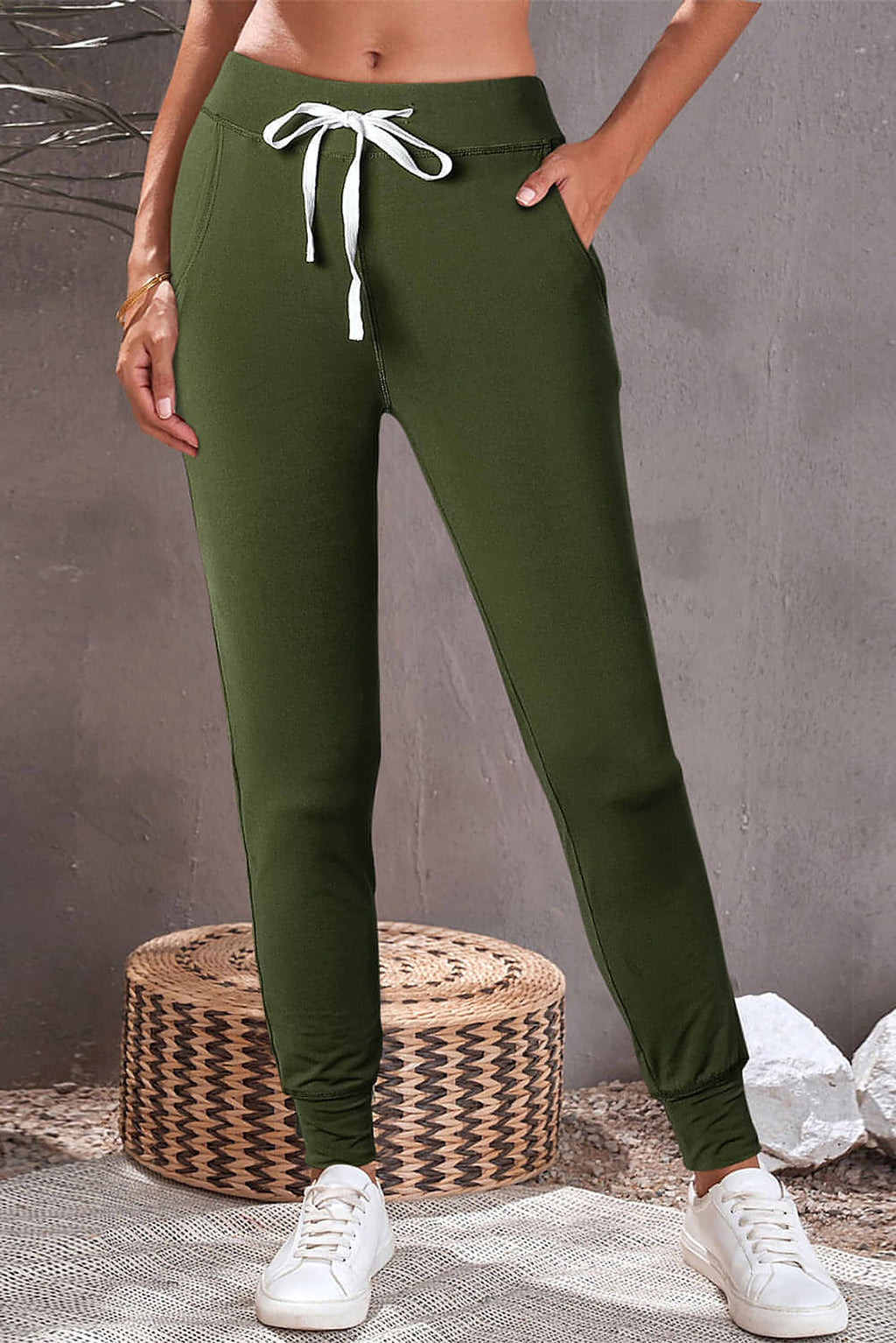 Moss Green Drawstring Waist Pocketed Joggers - enhanced image 1