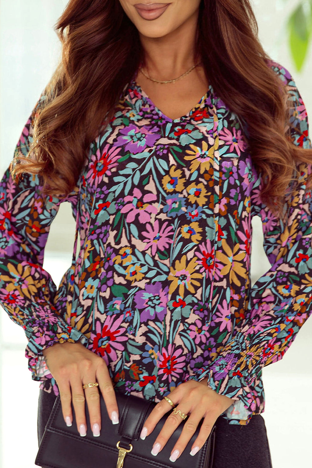 Multicolor Floral Print Ruffled Long Sleeve V-Neck Blouse - enhanced image 1