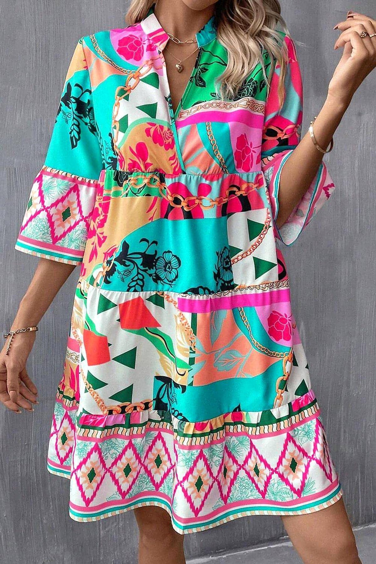 Multicolour Abstract Printed Half Sleeve Notched Neck Mini Dress - enhanced image 1