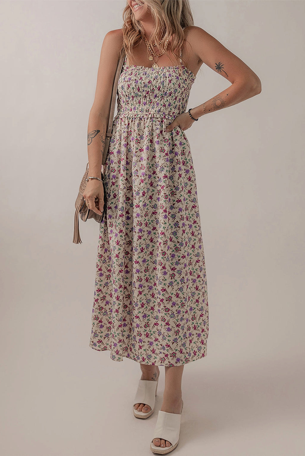 Multicolour Bohemian Ditsy Floral Smocked Fit Flare Sundress - enhanced image 1