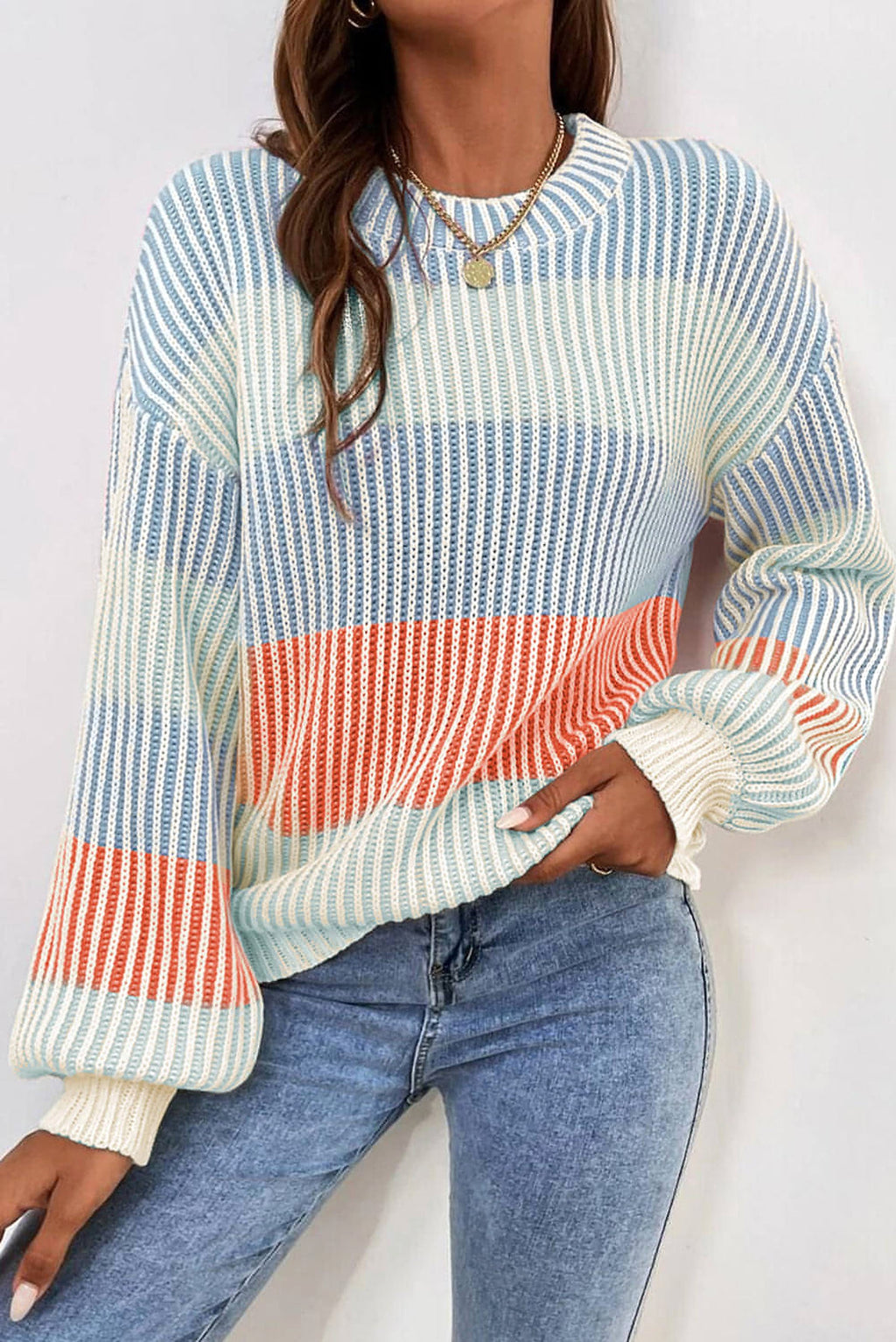Multicolour Colorblock Textured Knit Bubble Sleeve Sweater - enhanced image 1