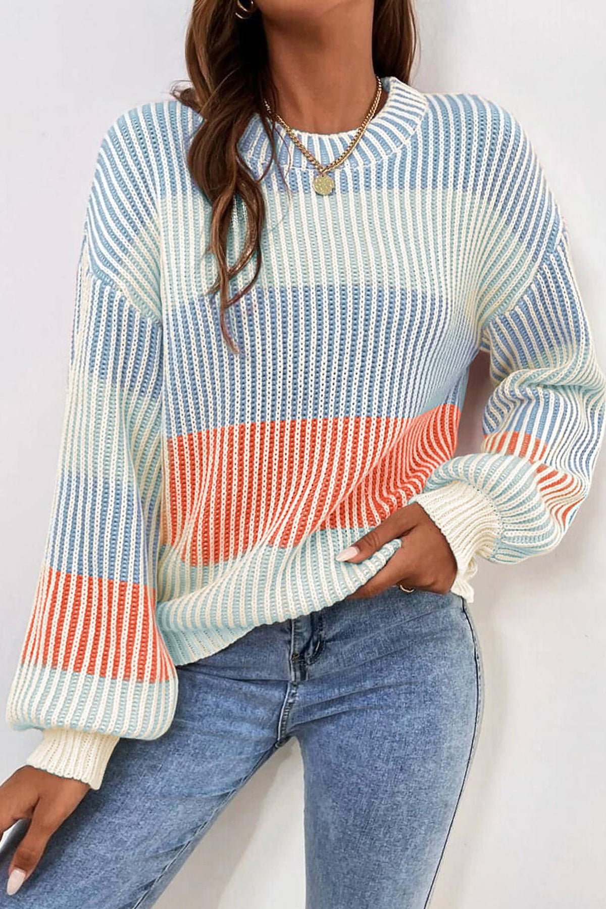 Multicolour Colorblock Textured Knit Bubble Sleeve Sweater - enhanced image 1