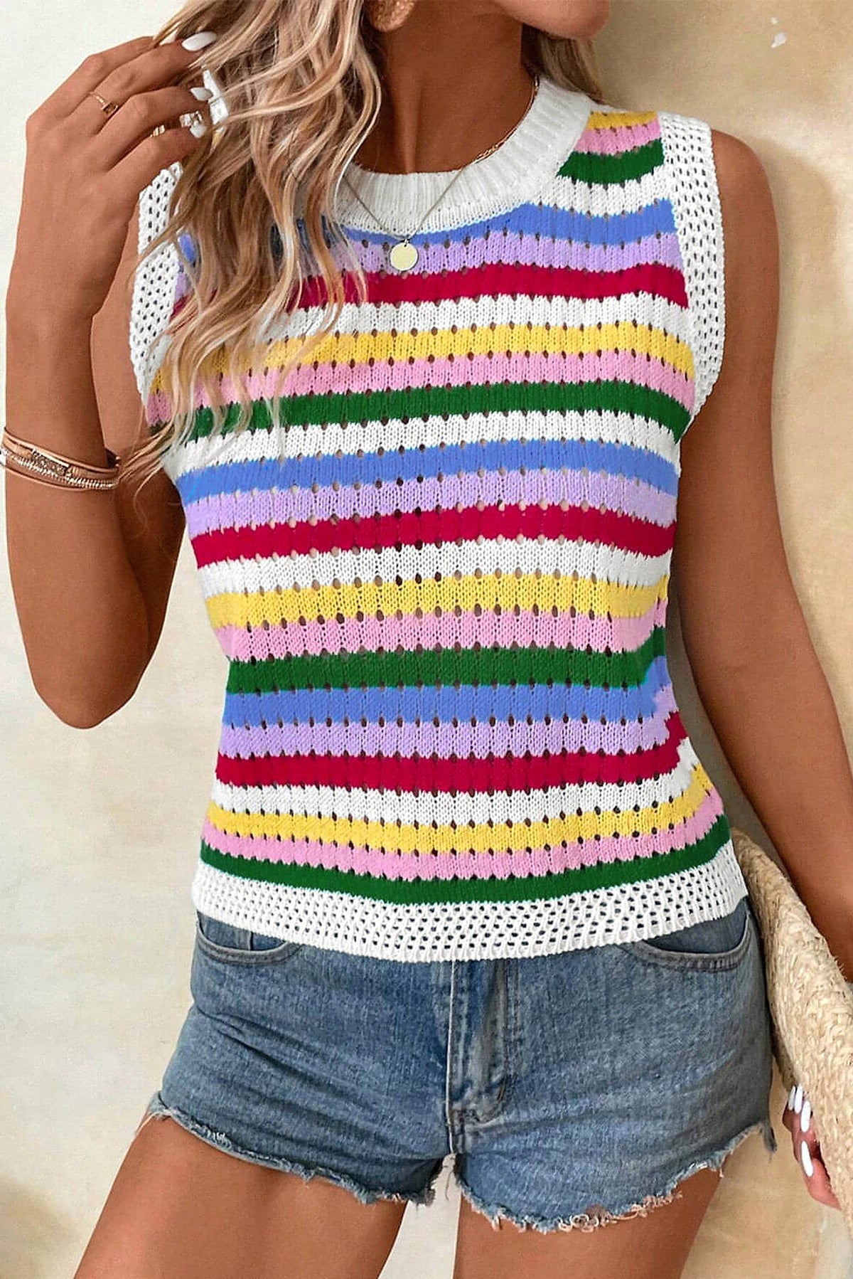 Multicolour Striped Knitted Eyelet Slim Sweater Vest - enhanced image 1